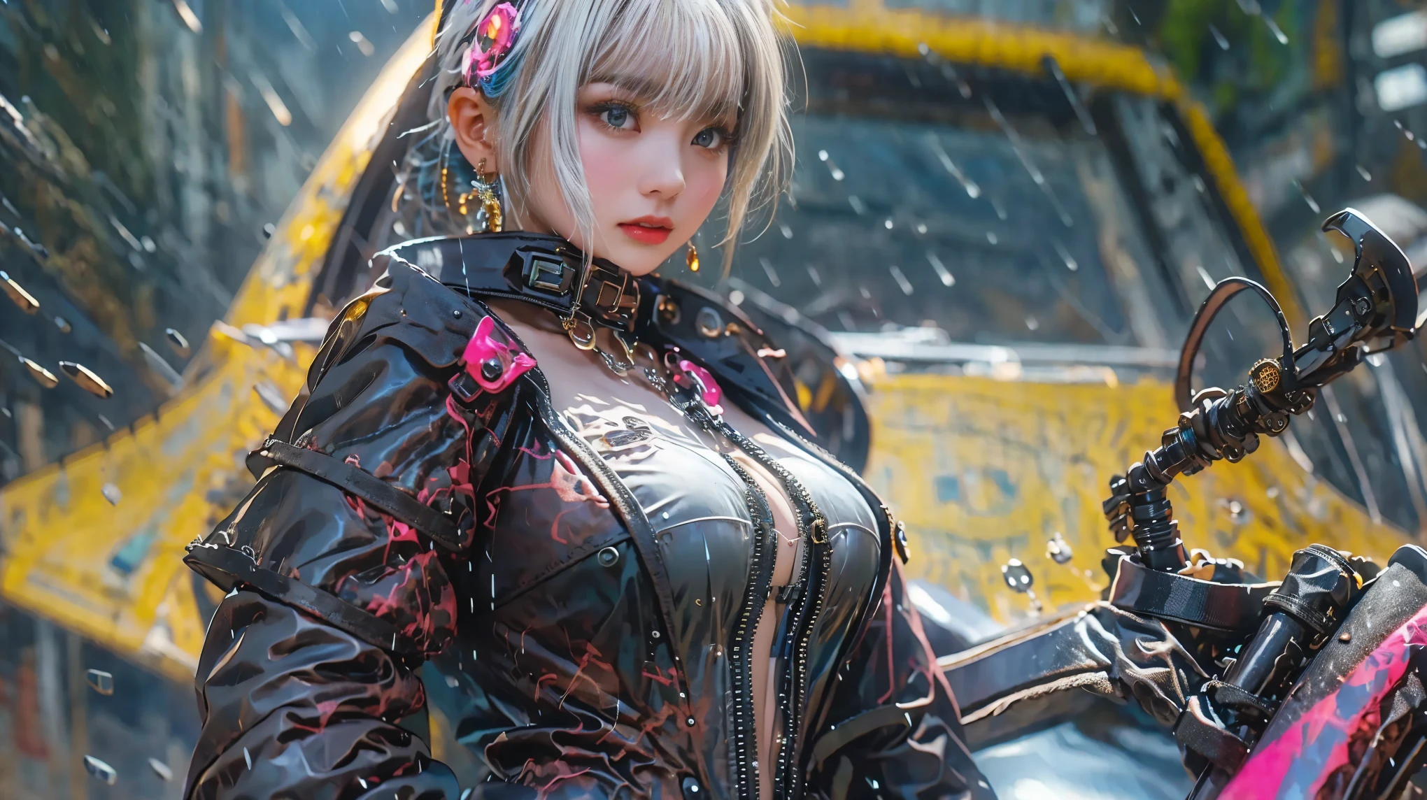 (white hair:1.3), looking at viewer, 
(floating hair:1.5), (closed mouth:1.2), high definition,
best quality, ultra high res, (photorealistic:1.5),(Skin reflection:1.3), RAW photo,physically-based rendering,

curvy,( large breasts),
(skin spots),(skin blemishes),
cosplay,
1girl, baiyi, bangs, black choker, black gloves, green eyes, cleavage, earrings, fingerless gloves, holding katana, jewelry, katana, large breasts, long hair,  nail polish, open jacket, high ponytail, purple nails, solo,(Purple bikini:1.2),(Brown jacket),

(FACE focus:1.5), upper body, (dynamic pose:1.3),
highly detailed background,beach, sunset, (white hair:1.3),