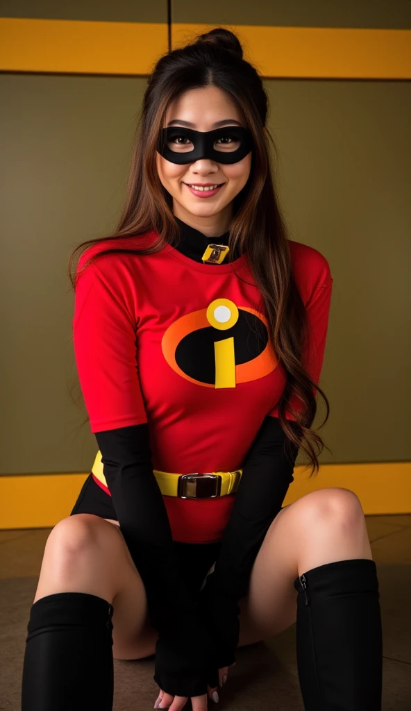 superhero with full body red leotard, yellow shorts over leotard, yellow sneakers, red hat with two antennae sticking out of it, heart symbol on chest. --auto --s2