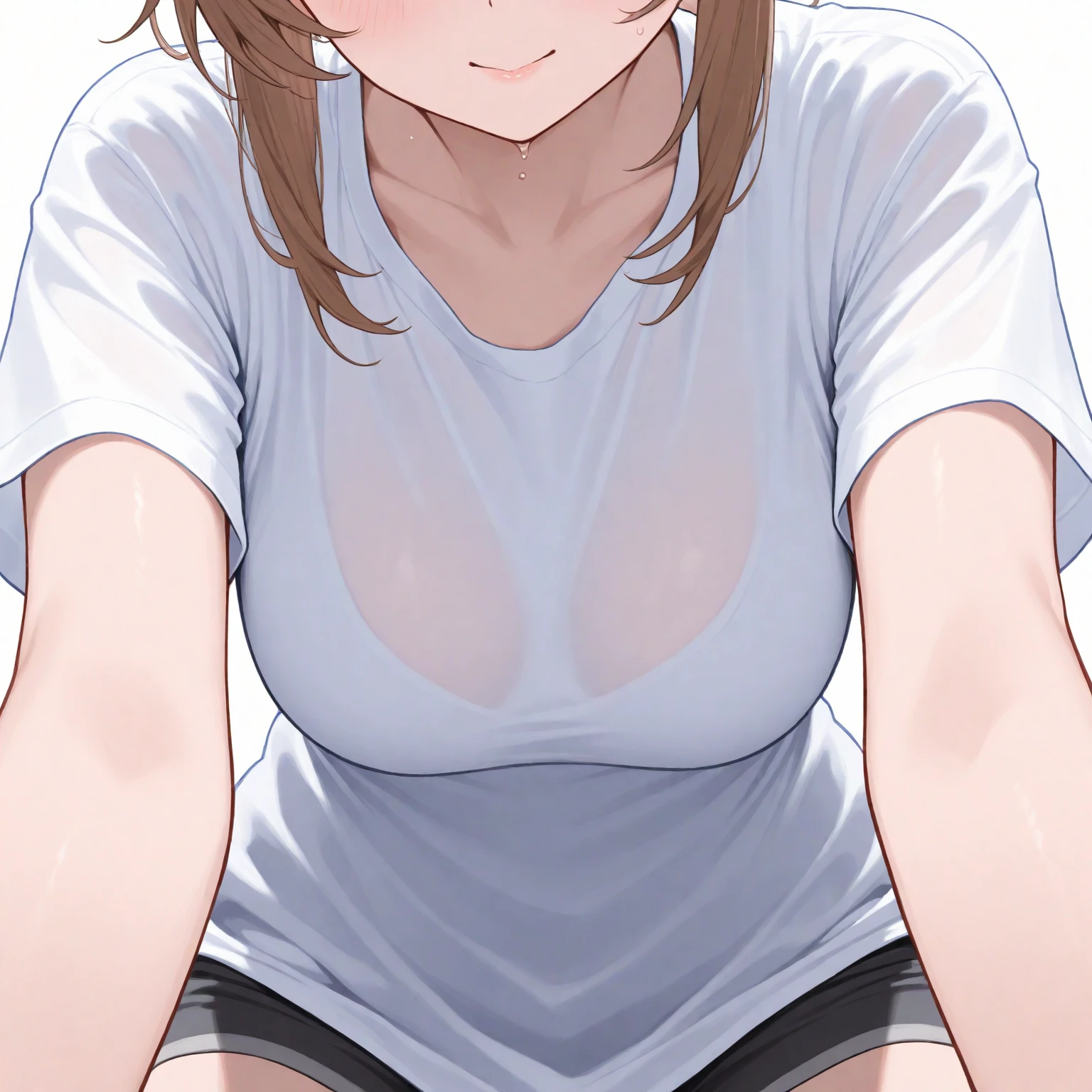 masterpiece, best quality, 1girl, solo, brown hair, french braid, medium hair, white cut top, belt, black sport shorts, white socks, (large breasts:0.8), adult, blushed, white background, no background, hugging own legs, from above