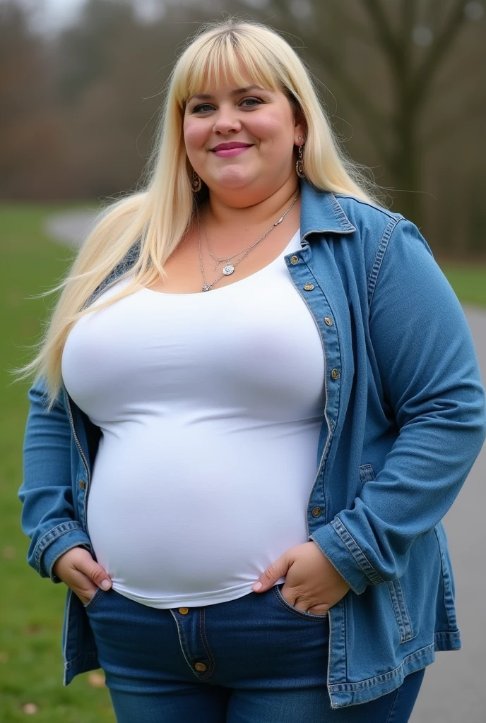 Fat woman, 40 years old white Caucasian wom walking outside, long straight blonde hair, serious, chubby, bbw, casual, winter, cold, cleavage, big breasts 