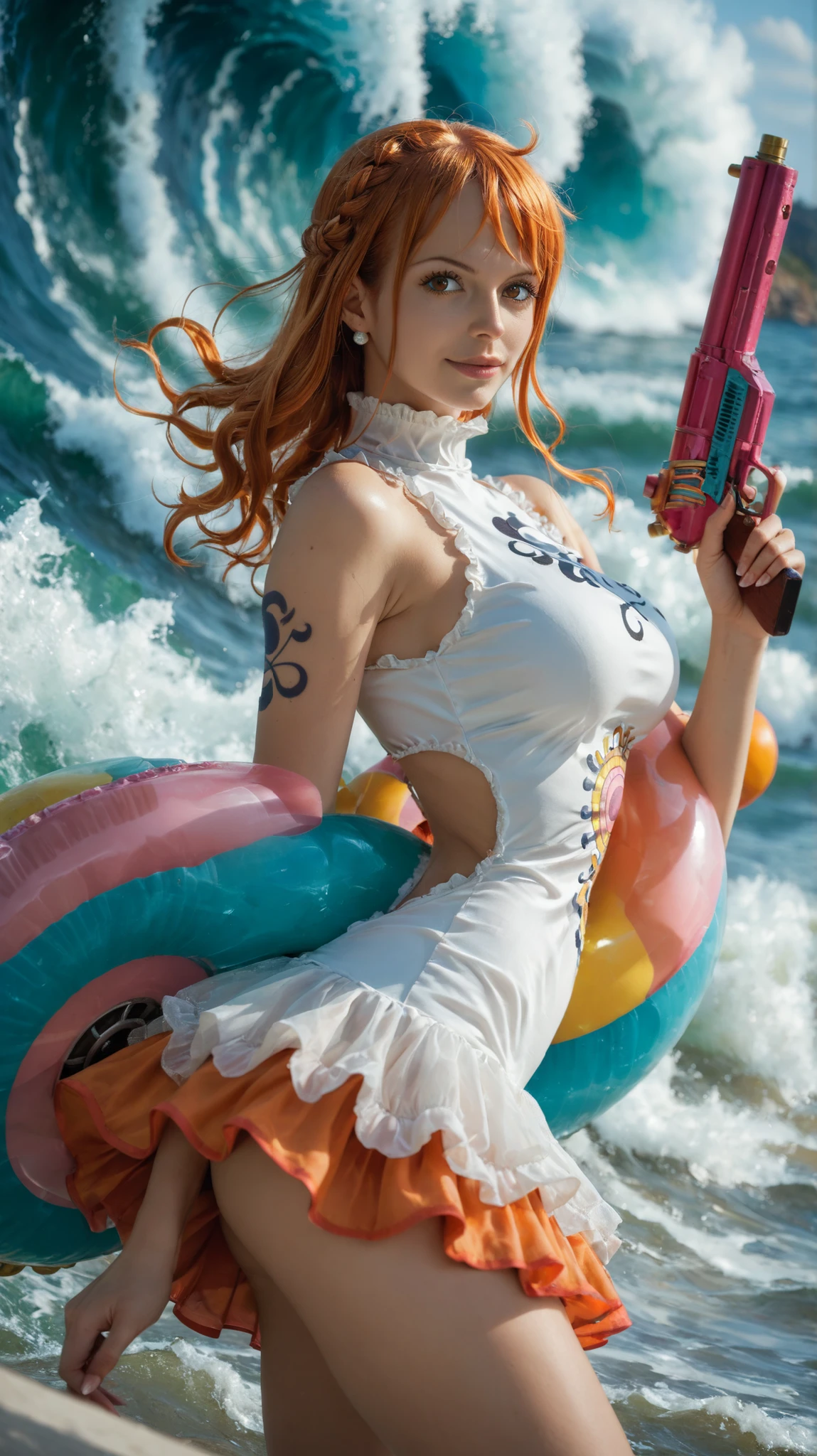 masterpiece, best quality, highres, Nami (One Piece), wearing a futuristic white sleeveless mini dress with a high collar and side cutouts, adorned with pink and blue accents, holding a colorful ray gun with a spiral design, long orange hair styled in soft waves with a side braid, asiática, linda, hermosa.