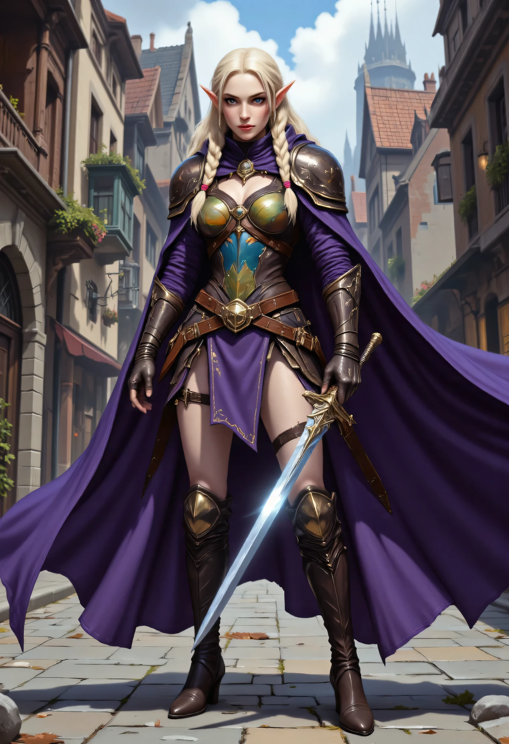 a picture of a female elf, fantasy swashbuckler, fantasy fencer, armed with a slim sword, shinning sword, magical sword, metallic shine, colorful clothes, full body, epic beautiful female elf, blond hair, braided hair, small pointed ears, wearing  purple cloak, long cloak, wearing elven leather armor, sense of daring, sense of adventure fantasy street, high details, best quality, 16k, [ultra detailed], masterpiece, best quality, (extremely detailed), dynamic angle, ultra wide shot, photorealistic, RAW, fantasy art, realistic art,((best quality)), ((masterpiece)), (detailed), perfect face, fantasy, Digital painting style, brushstrokes