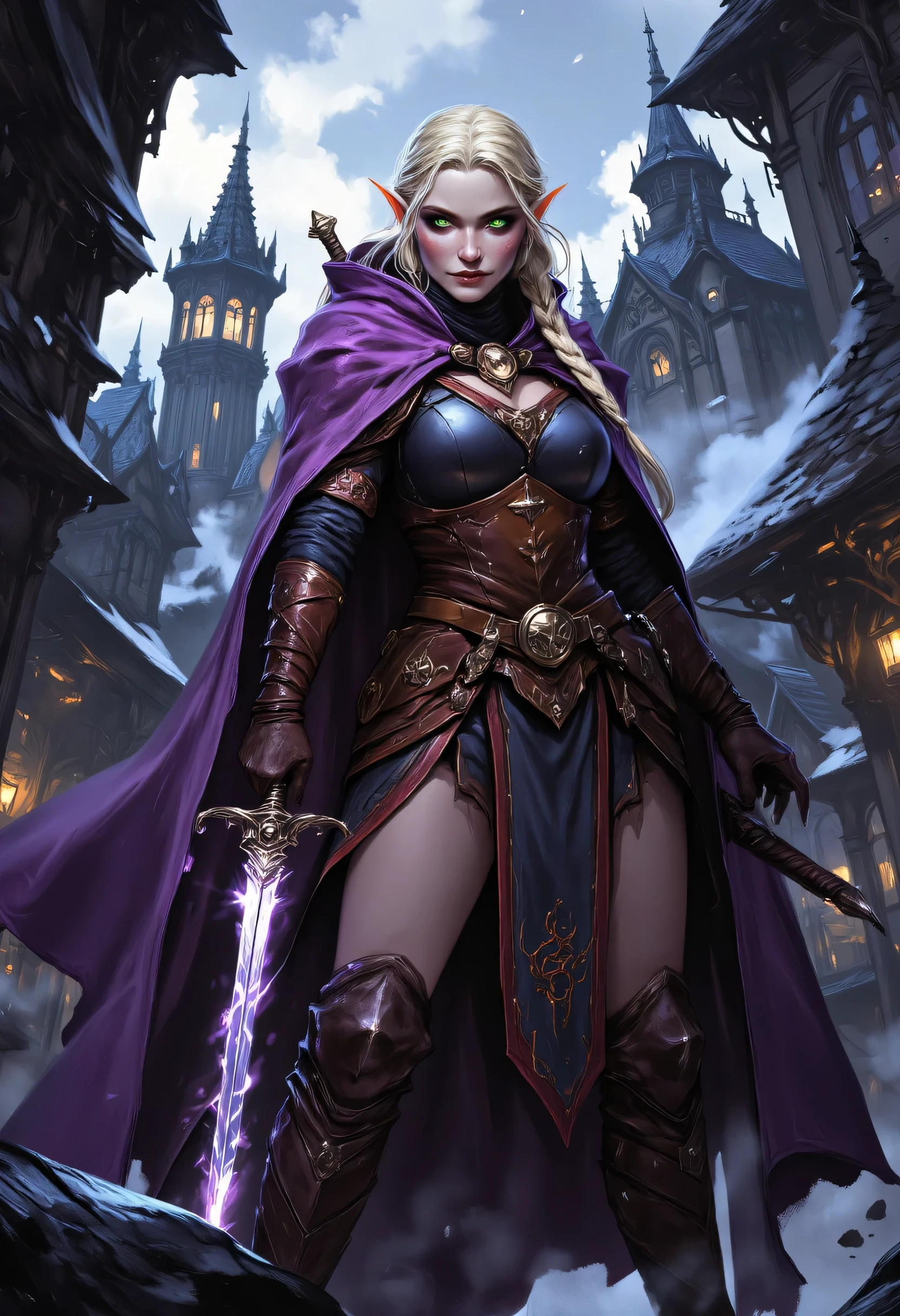 a picture of a female elf, fantasy swashbuckler, fantasy fencer, armed with a slim sword, shinning sword, magical sword, metallic shine, colorful clothes, full body, epic beautiful female elf, blond hair, braided hair, small pointed ears, wearing  purple cloak, long cloak, wearing elven leather armor, sense of daring, sense of adventure fantasy street, high details, best quality, 16k, [ultra detailed], masterpiece, best quality, (extremely detailed), dynamic angle, ultra wide shot, photorealistic, RAW, fantasy art, realistic art,((best quality)), ((masterpiece)), (detailed), perfect face, fantasy, Digital painting style, brushstrokes