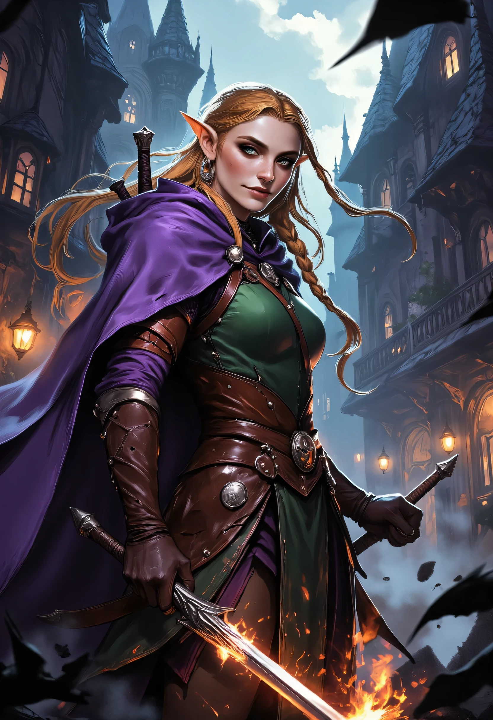 a picture of a female elf, fantasy swashbuckler, fantasy fencer, armed with a slim sword, shinning sword, magical sword, metallic shine, colorful clothes, full body, epic beautiful female elf, blond hair, braided hair, small pointed ears, wearing  purple cloak, long cloak, wearing elven leather armor, sense of daring, sense of adventure fantasy street, high details, best quality, 16k, [ultra detailed], masterpiece, best quality, (extremely detailed), dynamic angle, ultra wide shot, photorealistic, RAW, fantasy art, realistic art,((best quality)), ((masterpiece)), (detailed), perfect face, fantasy, Digital painting style, brushstrokes