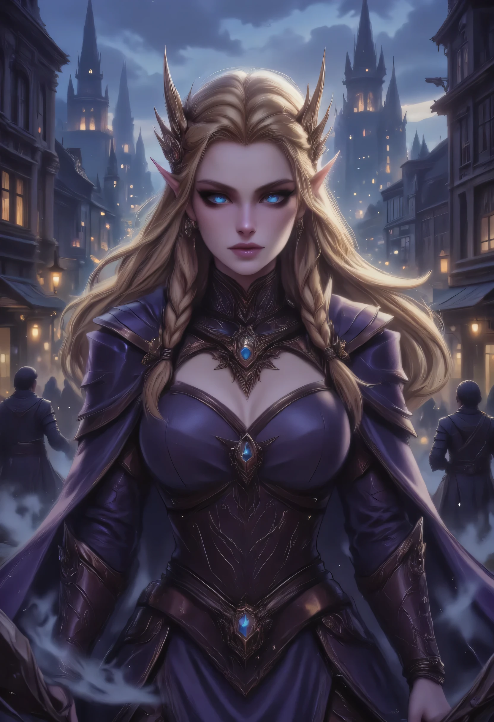a picture of a female elf, fantasy swashbuckler, fantasy fencer, armed with a slim sword, shinning sword, magical sword, metallic shine, colorful clothes, full body, epic beautiful female elf, blond hair, braided hair, small pointed ears, wearing  purple cloak, long cloak, wearing elven leather armor, sense of daring, sense of adventure fantasy street, high details, best quality, 16k, [ultra detailed], masterpiece, best quality, (extremely detailed), dynamic angle, ultra wide shot, photorealistic, RAW, fantasy art, realistic art,((best quality)), ((masterpiece)), (detailed), perfect face, fantasy, Irelia