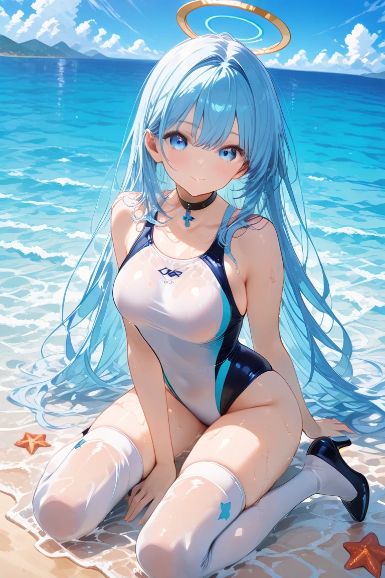 1lady, solo, the best、masterpiece, high quality, High precision,Highly detailed 8K Pure、sorrow、Tragic Love、Neo-Venezia、Uyuni salt lake、horizontal line、White Knight、Reflective water surface、In the wide sea, long blue hair, Lower ponytail ,white scrunchie, pink star side head ornament, light blue frilled bikini, long sarong padd, cobalt blue Sarong pass, lighr blue eyes, (,Flushed skin)、Hair blowing in the wind、Shiny Hair、Glowing Skin、thin pink lips, beautiful spotlight, Full body portrait、(Image idol sculpture、A lovely idol pose)、Heavy breathing、(Wide sky、infinity mirror、Beautiful sea), (Exposed breasts、Sweat runs down your chest)、Mojimoji、(A shy smile)、defenseless、Beautiful eyes illuminated by the light、Shiny Hair、Reflected Eyes、.(Look at the sky:1.3).(Red face:1) . (CG paintings with attention to detail),(Perfect image).a little excitement、Thin chest、Before menarche、(Feather hair ornamentLow Angle、Colorful sky、Contrail、shooting star、rainbow、Aurora、Solar flare, spray, bubble, tall stature, glamorous, singing, open mouth, soundwave from mouth, musical note