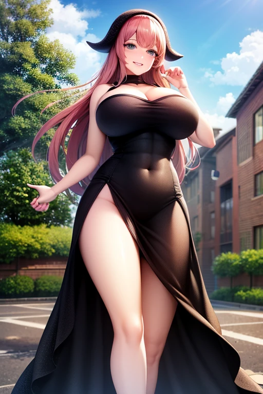 masterpiece, ultra high-quality, extremely detail 8k cg, high resolution, 1girl, yuugao, solo, purple hair, long hair, sidelocks, brown eyes, perfect eyes, thin body, huge breasts, bursting breasts, evening gown, halterneck, criss-cross halter, high heels, choker, beautiful face, outdoors, garden, night time, full shot photo, full body
