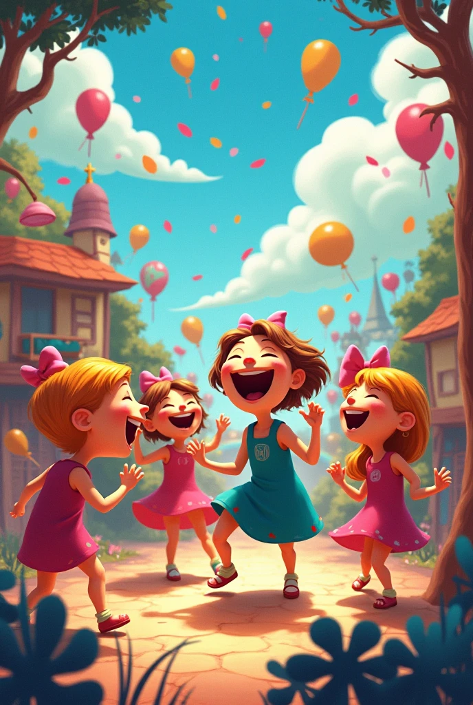 Children of various ethnicities eating sweets and playing in period clothing, colored image, lots of sweets and toys to have fun, balloons, Cosmas and Damian