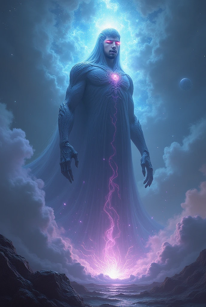 **name:** Deus das Dorus
**classy:** cosmic entity
**Level:** ???
**Description:**
A cosmic presence almost incomprehensible to mortal minds. O Deus das Dorus é uma entidade que transcende forma e matéria, his appearance fluctuating between different states of existence. Its body appears to be made of stellar gases and cosmic dust., constantly rearranging themselves into patterns reminiscent of nebulae and constellations. Its colors vary between deep blue, purple and shades of black, reflecting the vastness of the universe.
**Visual Characteristics:**
- **eyeballs:** Two bright spots reminiscent of ancient stars, with a depth that seems to contain the universe itself.
- **cos:** fluid and ethereal, formed by nebulae that move in a constant and hypnotic pattern, without a defined fixed form.
- **Aura:** Orbited by cosmic fragments, like asteroids and stardust, that follow gravitational patterns around them.
- **hands:** Made of pure cosmic energy, your hands can manipulate reality around you, distorting gravity and space.
**History and legend:**
Pouco se sabe sobre a origem do Deus das Dorus, but its existence is mentioned in ancient texts as a primordial force, present since the beginning of time. They say he is the guardian of cosmic balance, emerging in moments of great imbalance to restore order to the universe. A presença do Deus das Dorus é tanto um sinal de esperança quanto de destruição, depending on whoever's perspective
