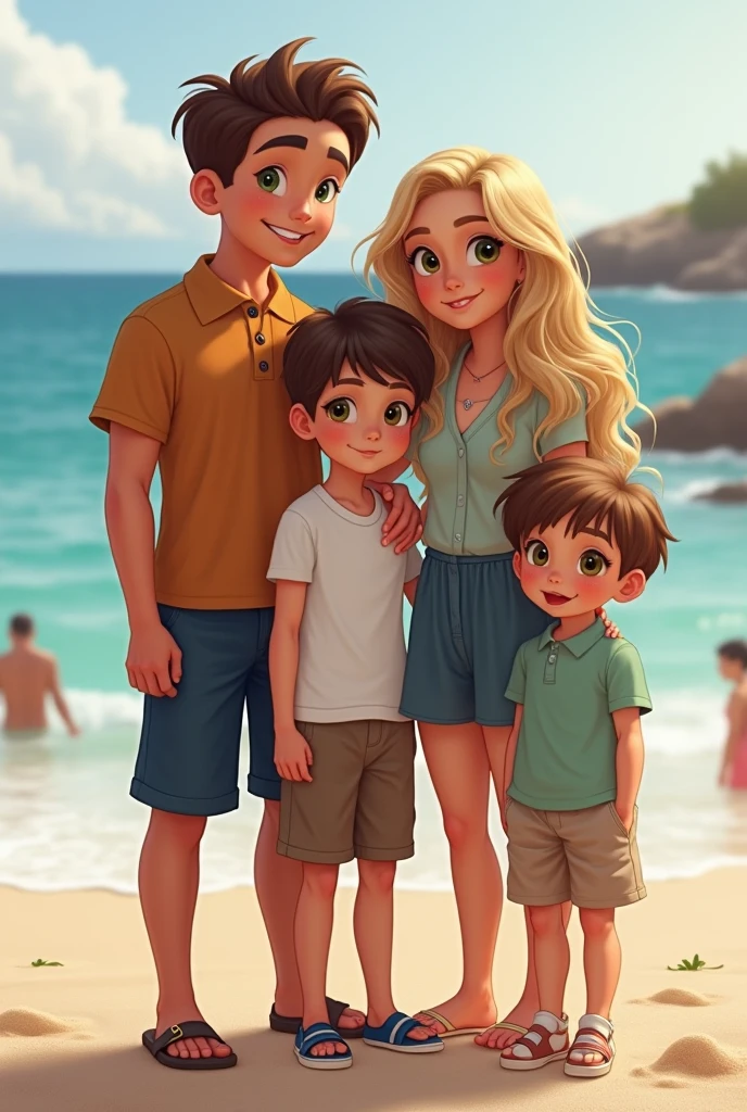A man and two girls and a man on the beach, realistic portrait photo, Digital art. photograph realistic, Happy family, personal profile picture, high quality portrait, family photos, beautiful and realistic faces, Photorealistic faces, uhd realistic faces, photo realistic portrait, realistic digital painting, Realistic art, Numbers washes, very realistic digital art, illustratio