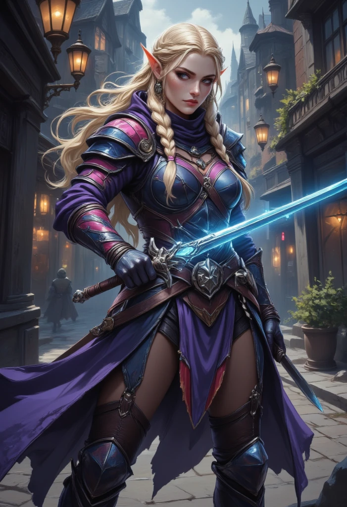 Elf (female) with blond hair in a dark blue robe with silver embroidery,  
short sword and chain sickle, leather armor, leather pants, leather boots, wears a silver hoop on her head
Prey on his belt, small water dragon flies over his shoulder,
fighting stance, hard look