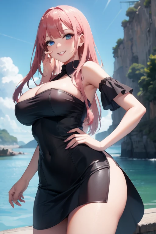 high resolution, ultra-sharp, 8K, work of art, gazing at viewer, Photography behind, very tight wet dress, thick ass, Perfect Anatomia, wearing Yokata, pink hair, seducing smile, beautiful face, sitting down, minimalist coloring