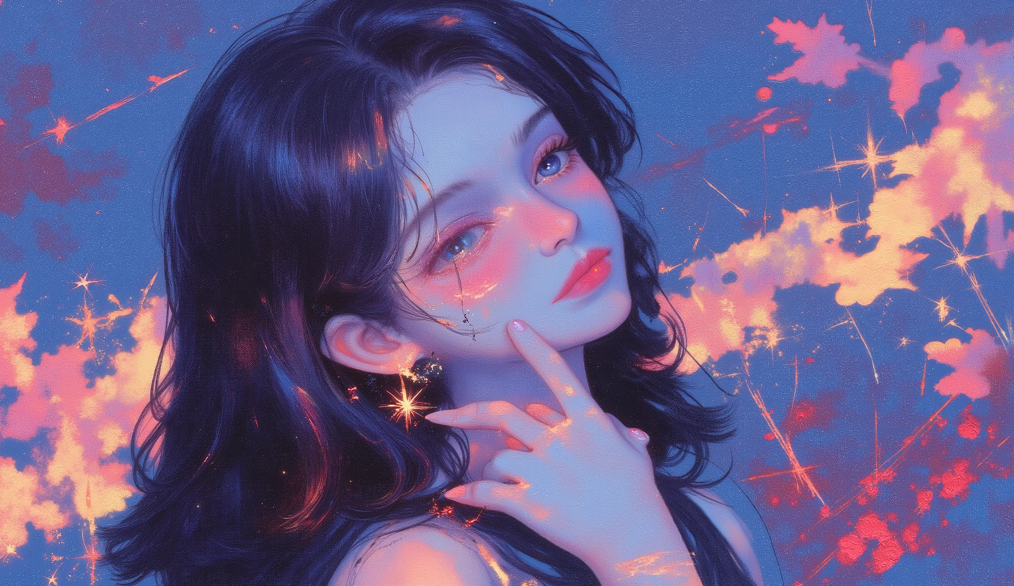 impressionist_ style ,oil ,brushstrokes that capture the essence of Impressionism with its vivacity, brilliant representation of a female face, high light in neon colors . This artwork includes、in the foreground a woman, with a delicate face, radiant white skin and glowing eyes turning into starry skies and bright moons. Her long hair merges with the sky, that is painted in the style of van Gogh.
Free and Expressive,focuses on the interaction of contrast and light instead of precise details. The colors are rich and dynamic, Blue Spectrum, magenta,and a warm yellow that creates a dreamy atmosphere. The person's pose is soft and meditative, vestir, adds emotional depth to the scene.,
TODO,this image embodies the impressionist ideal of capturing the moment,Sensory Effects of the Scene,uses color and light to convey mood and emotion.,
inspired by Impressionism , soft brushstrokes , impasto ,Capturing Light and Atmosphere,optical mix , pinturas impressionists,oil,are bold and textured,create dynamic and vivid scenes, Claude Monet ,Sensory Effects of the Scene,Edgar Degas, Camille Pissarro ,