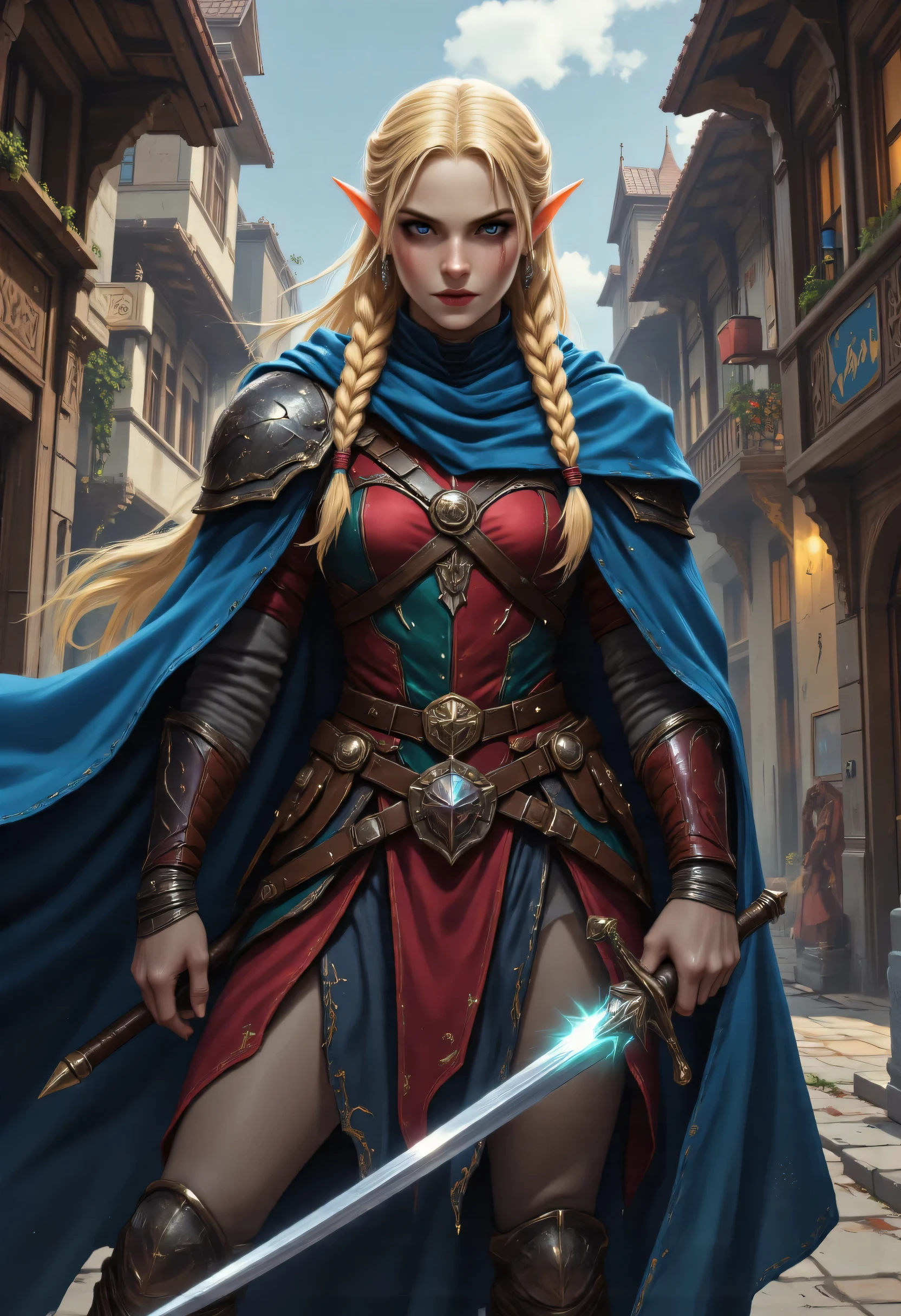 a picture of a female elf, fantasy swashbuckler, fantasy fencer, armed with a slim sword, shinning sword, magical sword, metallic shine, colorful clothes, full body, epic beautiful female elf, blond hair, braided hair, small pointed ears, wearing  blue cloak, long cloak, wearing elven leather armor, sense of daring, sense of adventure fantasy street, high details, best quality, 16k, [ultra detailed], masterpiece, best quality, (extremely detailed), dynamic angle, ultra wide shot, photorealistic, RAW, fantasy art, realistic art,((best quality)), ((masterpiece)), (detailed), perfect face, fantasy, Digital painting style, brushstrokes