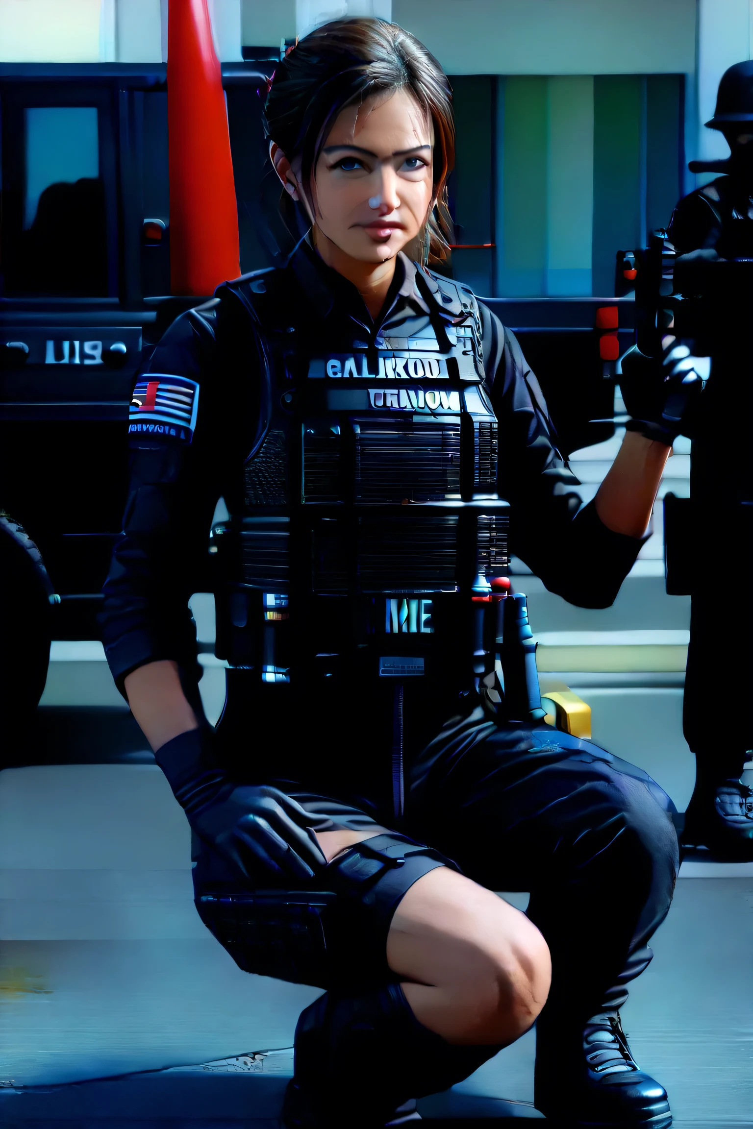 (masterpiece,high quality,mirror-like, Movie Experience , Very detailed ,),【8k,wallpaper,,(Best Illustration),( a woman)( Shell mobile style worldview:2.0),(Black tactical jumpsuit:2.0),(Heavy Black Bulletproof Vest:2.0),(Black Gloves:2.0),(MP4:2.0),(Beautiful eyes),(Fine Face ),(Detailed drawing of female hands:2.0),(sexy:2.0),(Kneel down and aim the rifle),(raise right knee:2.0),(The background is Tokyo, A place of technological development .:2.0),(There's a laser under the gun,(pointing the red laser pointer out