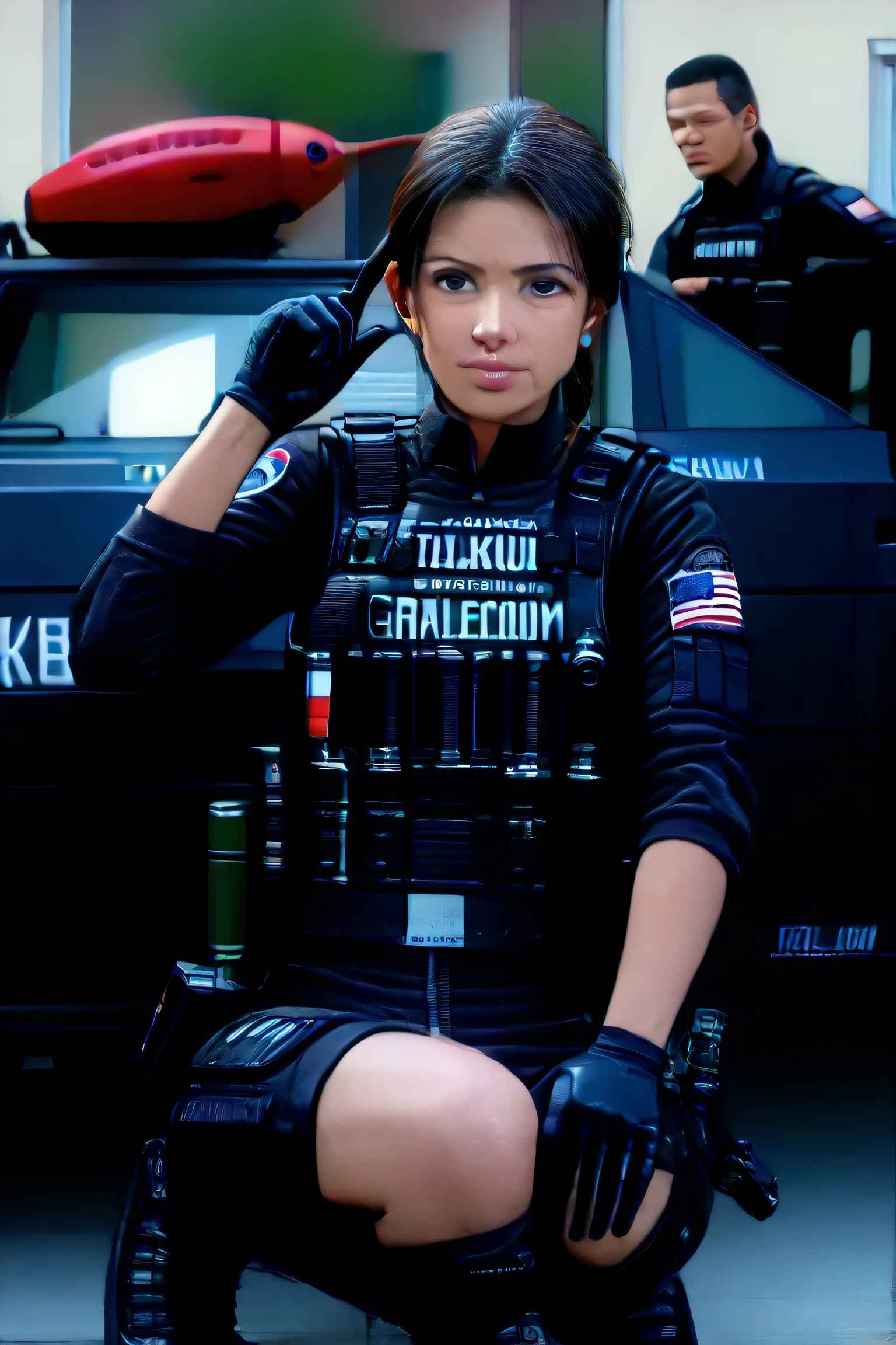 (masterpiece,high quality,mirror-like, Movie Experience , Very detailed ,),【8k,wallpaper,,(Best Illustration),( a woman)( Shell mobile style worldview:2.0),(Black tactical jumpsuit:2.0),(Heavy Black Bulletproof Vest:2.0),(Black Gloves:2.0),(MP4:2.0),(Beautiful eyes),(Fine Face ),(Detailed drawing of female hands:2.0),(sexy:2.0),(Kneel down and aim the rifle),(raise right knee:2.0),(The background is Tokyo, A place of technological development .:2.0),(There's a laser under the gun,(pointing the red laser pointer out