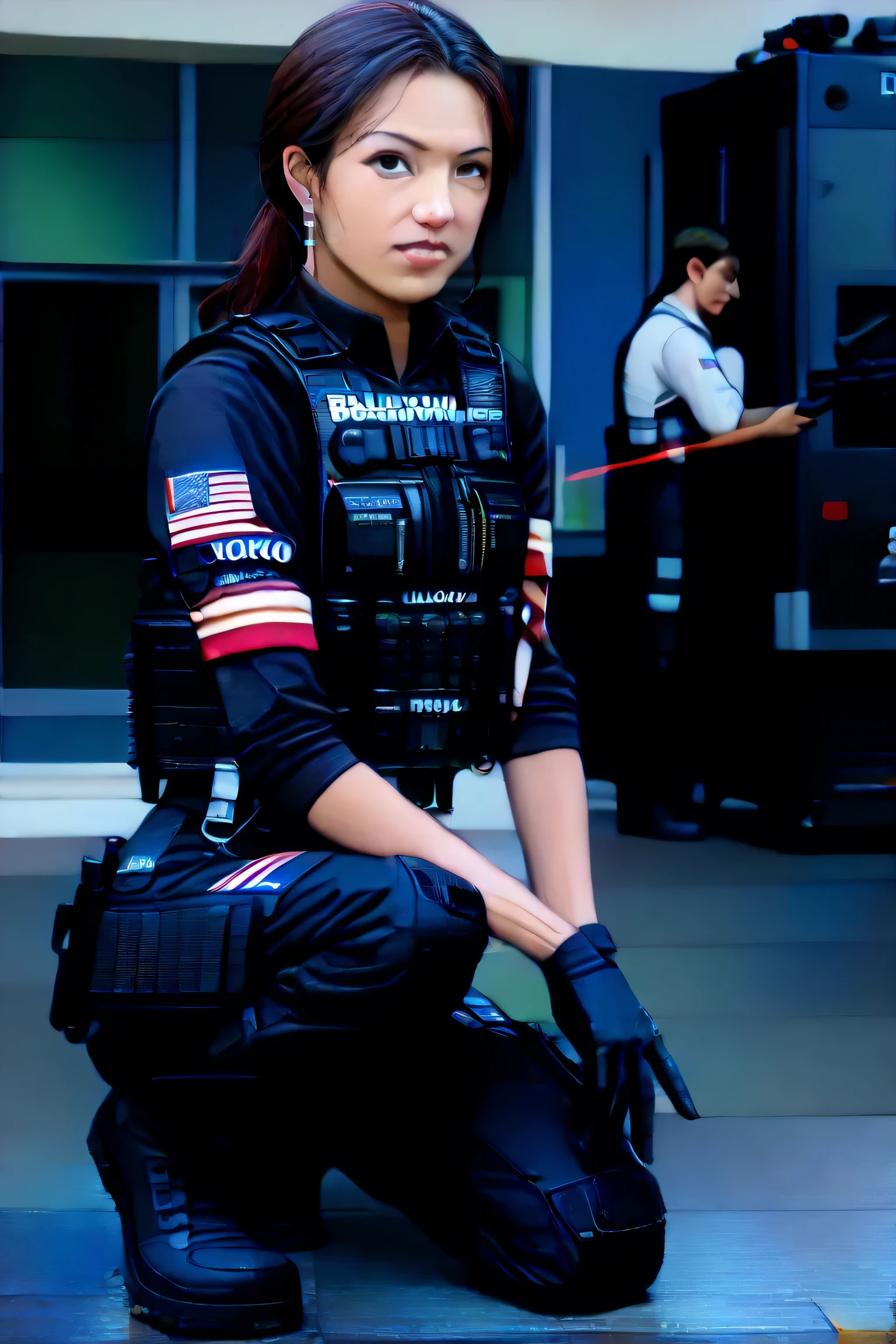 (masterpiece,high quality,mirror-like, Movie Experience , Very detailed ,),【8k,wallpaper,,(Best Illustration),( a woman)( Shell mobile style worldview:2.0),(Black tactical jumpsuit:2.0),(Heavy Black Bulletproof Vest:2.0),(Black Gloves:2.0),(MP4:2.0),(Beautiful eyes),(Fine Face ),(Detailed drawing of female hands:2.0),(sexy:2.0),(Kneel down and aim the rifle),(raise right knee:2.0),(The background is Tokyo, A place of technological development .:2.0),(There's a laser under the gun,(pointing the red laser pointer out
