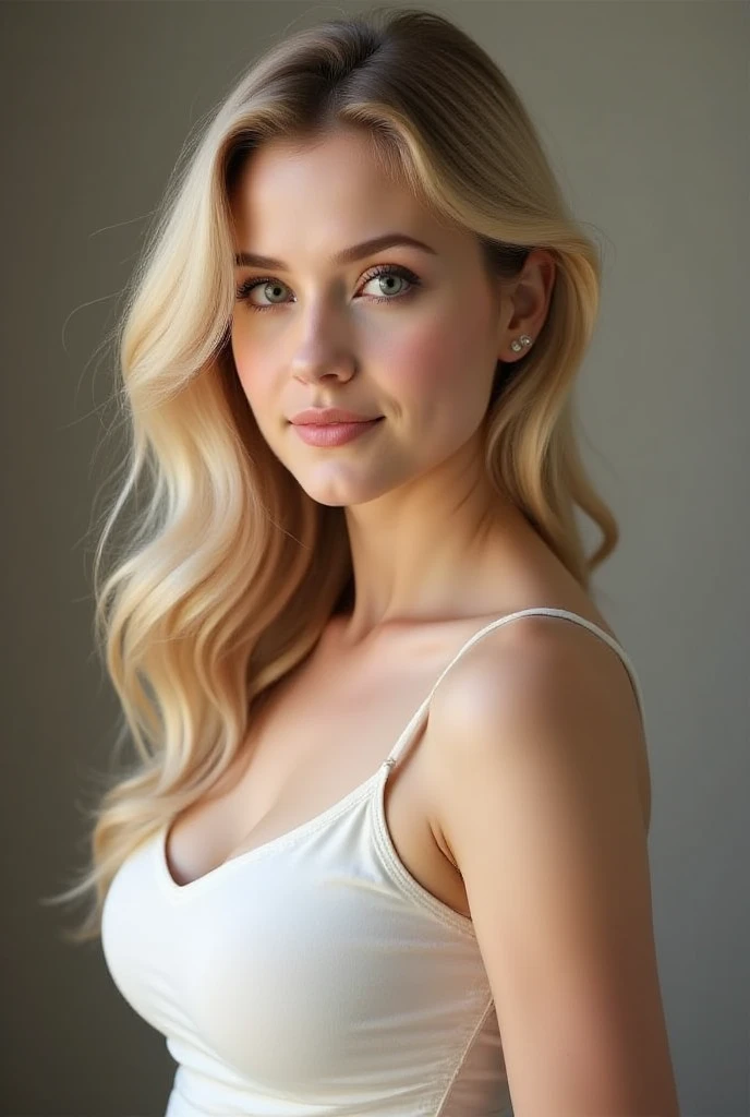 Close-up of a captivating 25-year-old woman with blonde hair, her bare shoulders adorned with a beige wool sweater, invitingly revealing the allure of her cleavage while she playfully touches her breasts. her beguiling smirk never leaving her face as she flirts with the camera, set against the warm, blurred backdrop of a forest, the scene illuminated by the enchanting glow of 3-point studio lighting.