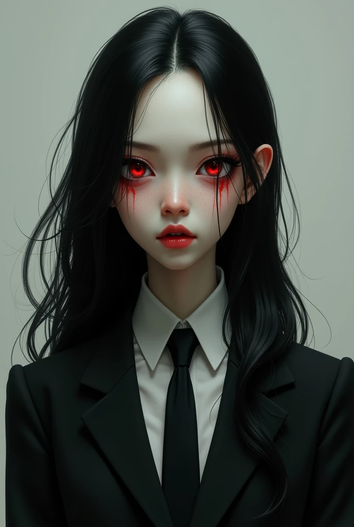 Camille is very white, with some scars on his face, His eyes are completely black with a red X in the middle of his eyes..
Her hair is long and white with some black hairs..
She is about 20 years old. She always dresses in a formal or elegant suit and always wears black gloves.