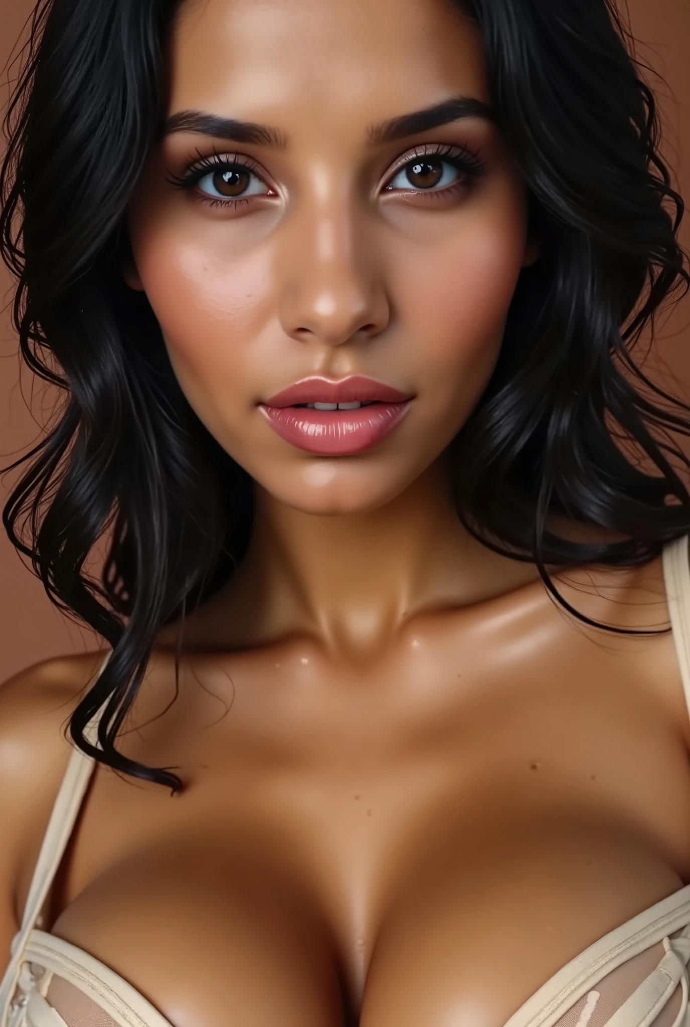 italian girl, 18 ans, long hair, black hair, wavy hair, nude girl, face, Detailed face,freckle, Brown eyes, beau sourire, slightly full mouth,haut court ,lace top hiding her breasts, big natural , bulging breasts, Slim abs, haut court , éclairage realistic, realistic, photo instagram, iPhone, bottom of a room, jewels
