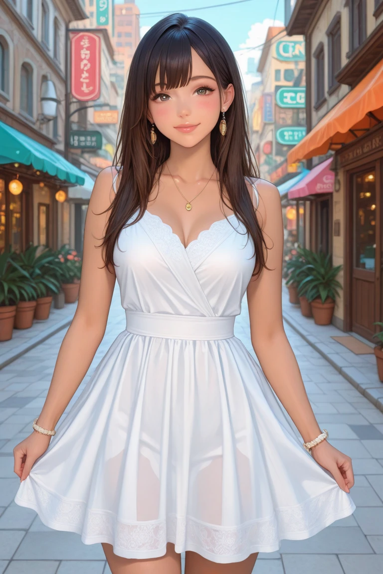 a beautiful woman standing on top of an outdoor patio, in a two piece dress, 1girl, realistic, brown hair, solo, jewelry, necklace, smile, long hair