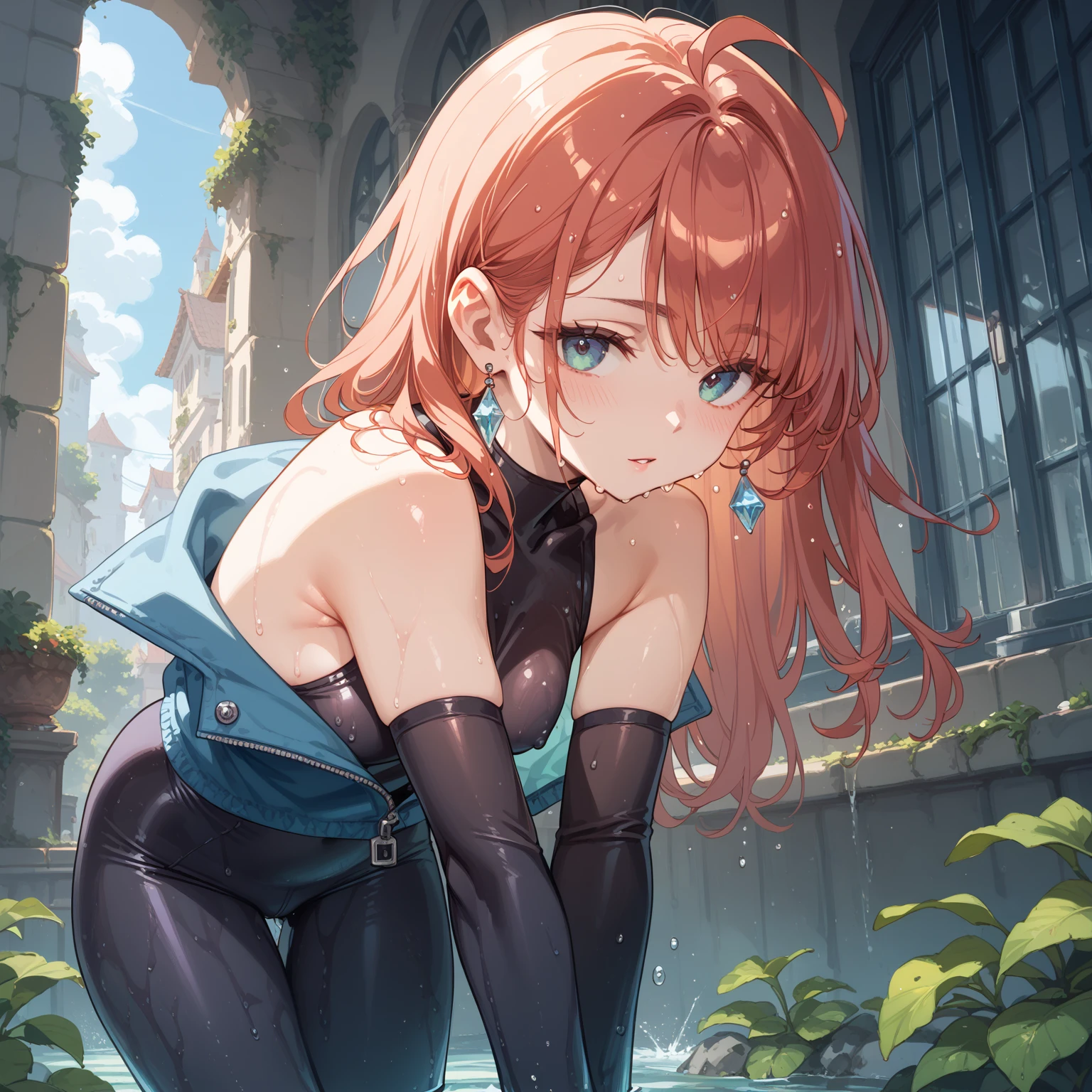score_9, score_8_up, score_7_up, score_6_up, uncensored, Yuuki Asuna, absurdly long hair, orange eyes, orange hair, very long hair, horny face, blush face, lips, naughty face, shiny skin, sweating, wet, wet hair, steaming body, saliva, heavy breathing, large breasts, detailed body, detailed eyes, solo, thighhighs, bare_shoulders, dress, purple_legwear, cleavage, nail_polish, gloves, looking_at_viewer, strapless, blurry, collarbone, black_dress, elbow_gloves, strapless_dress, water