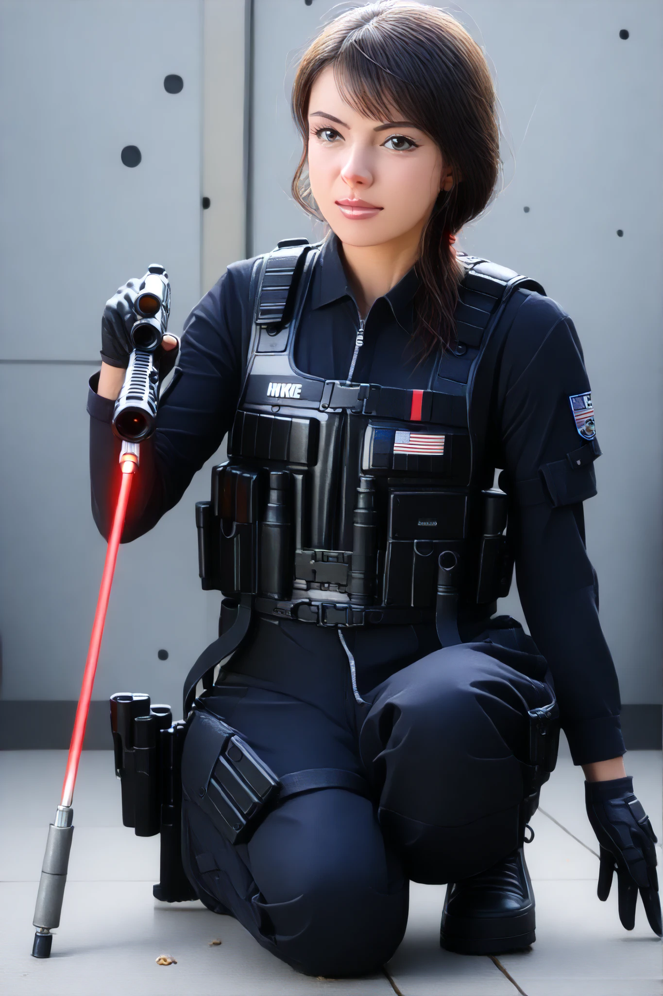 (masterpiece,high quality,mirror-like, Movie Experience , Very detailed ,),【8k,wallpaper,,(Best Illustration),( a woman)( Shell mobile style worldview:2.0),(Black tactical jumpsuit:2.0),(Heavy Black Bulletproof Vest:2.0),(Black Gloves:2.0),(MP4:2.0),(Beautiful eyes),(Fine Face ),(Detailed drawing of female hands:2.0),(sexy:2.0),(Kneel down and aim the rifle),(raise right knee:2.0),(The background is Tokyo, A place of technological development .:2.0),(There's a laser under the gun,(pointing the red laser pointer out
