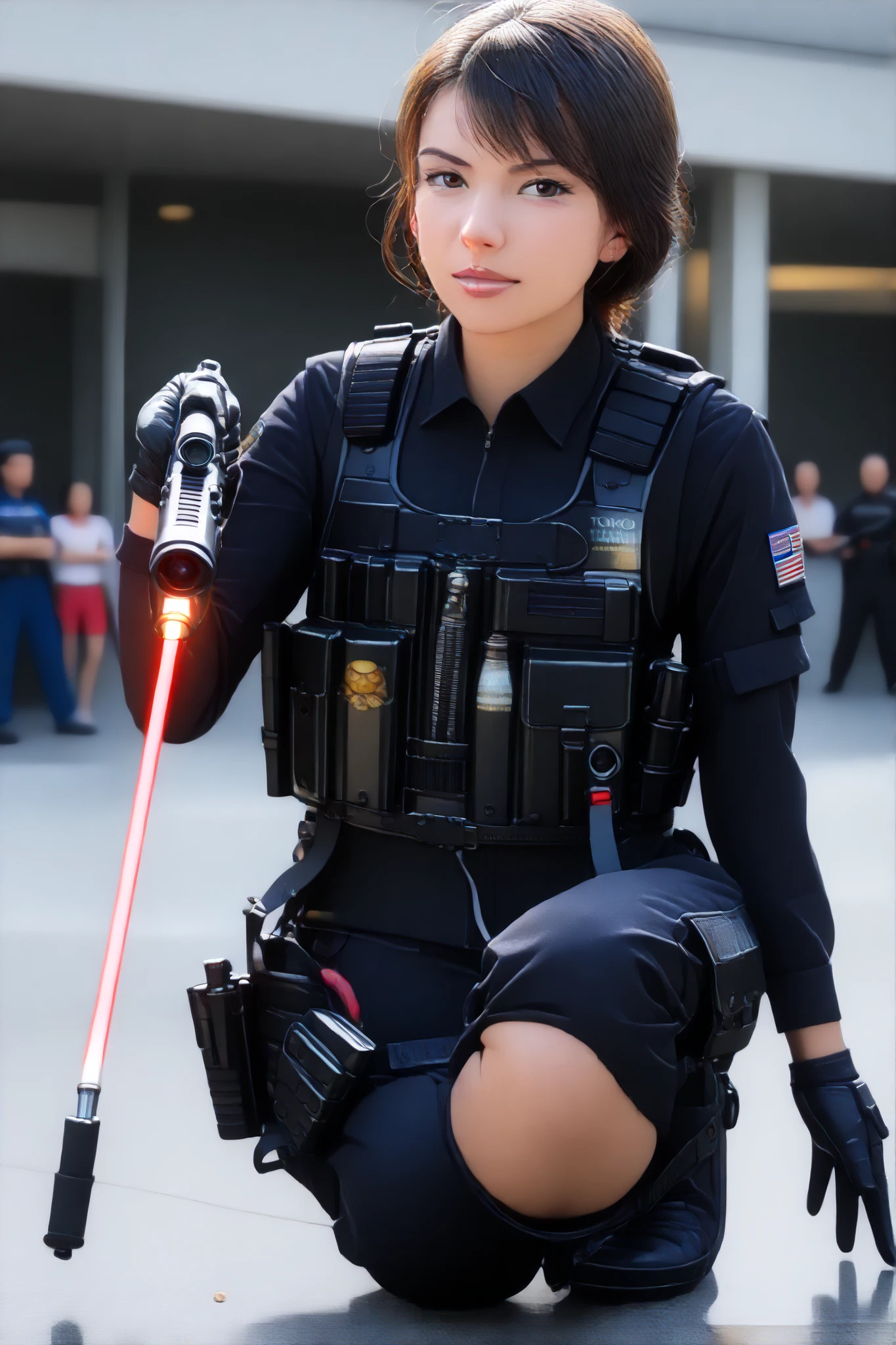 (masterpiece,high quality,mirror-like, Movie Experience , Very detailed ,),【8k,wallpaper,,(Best Illustration),( a woman)( Shell mobile style worldview:2.0),(Black tactical jumpsuit:2.0),(Heavy Black Bulletproof Vest:2.0),(Black Gloves:2.0),(MP4:2.0),(Beautiful eyes),(Fine Face ),(Detailed drawing of female hands:2.0),(sexy:2.0),(Kneel down and aim the rifle),(raise right knee:2.0),(The background is Tokyo, A place of technological development .:2.0),(There's a laser under the gun,(pointing the red laser pointer out