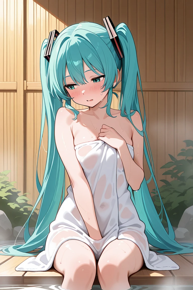 realisitic、top-quality、Taking a bath、((One Woman:1.5))、lightblue hair、Very long hair、light bule eyes、Medium chest、hidden by hand、barechested、bath towels
