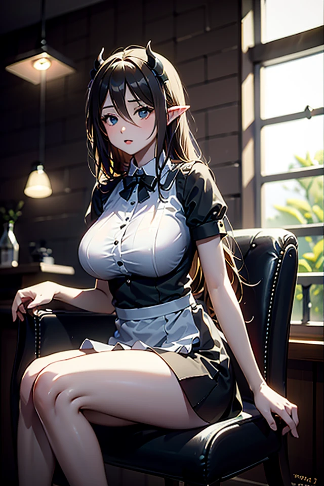 Howard Chandler Christy, photorealistic, highly detailed, ray traced, rendered, Masterpiece, extremely detailed, young pretty woman, black hair, green eyes, maid dress, fishnet tights, bare breasts, puffy nipple, small breasts, sexual suggestive, breasts hugging, sitting on sofa, full body