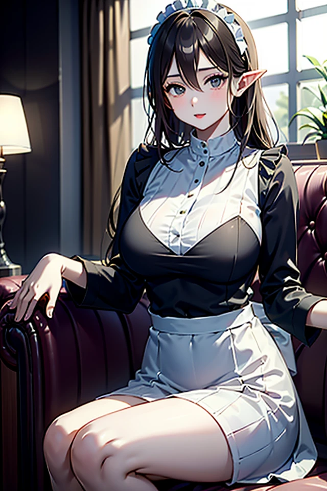 Black Hair Maid、Big Breasts、Panty shot、White Pants、Sitting with legs crossed