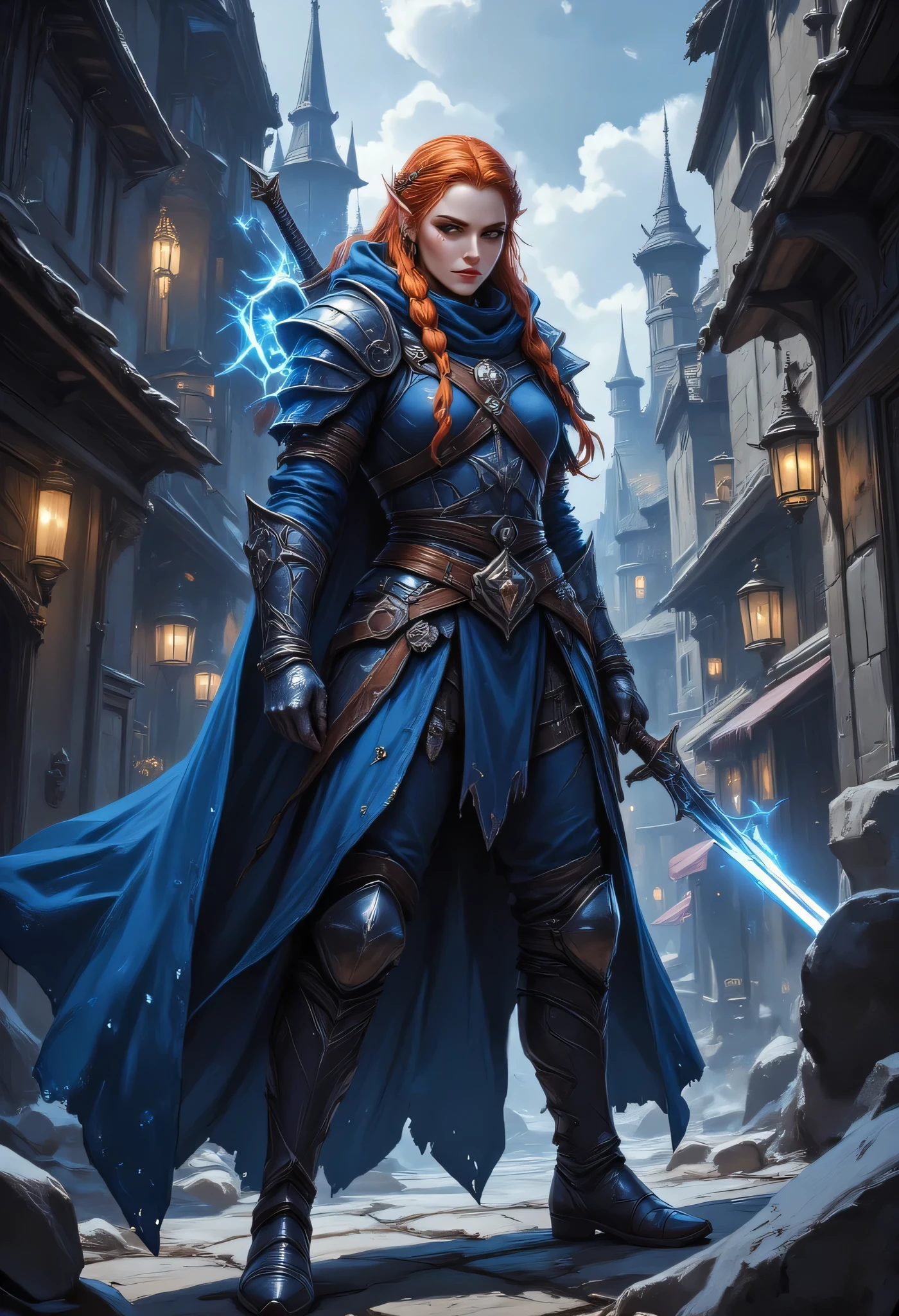 a picture of a female elf, fantasy swashbuckler, fantasy fencer, armed with a slim sword, shinning sword, magical sword, metallic shine, colorful clothes, full body, epic beautiful female elf, red hair, braided hair, small pointed ears, wearing  blue cloak, long cloak, wearing elven leather armor, sense of daring, sense of adventure fantasy street, high details, best quality, 16k, [ultra detailed], masterpiece, best quality, (extremely detailed), dynamic angle, ultra wide shot, photorealistic, RAW, fantasy art, realistic art,((best quality)), ((masterpiece)), (detailed), perfect face, fantasy, Digital painting style, brushstrokes