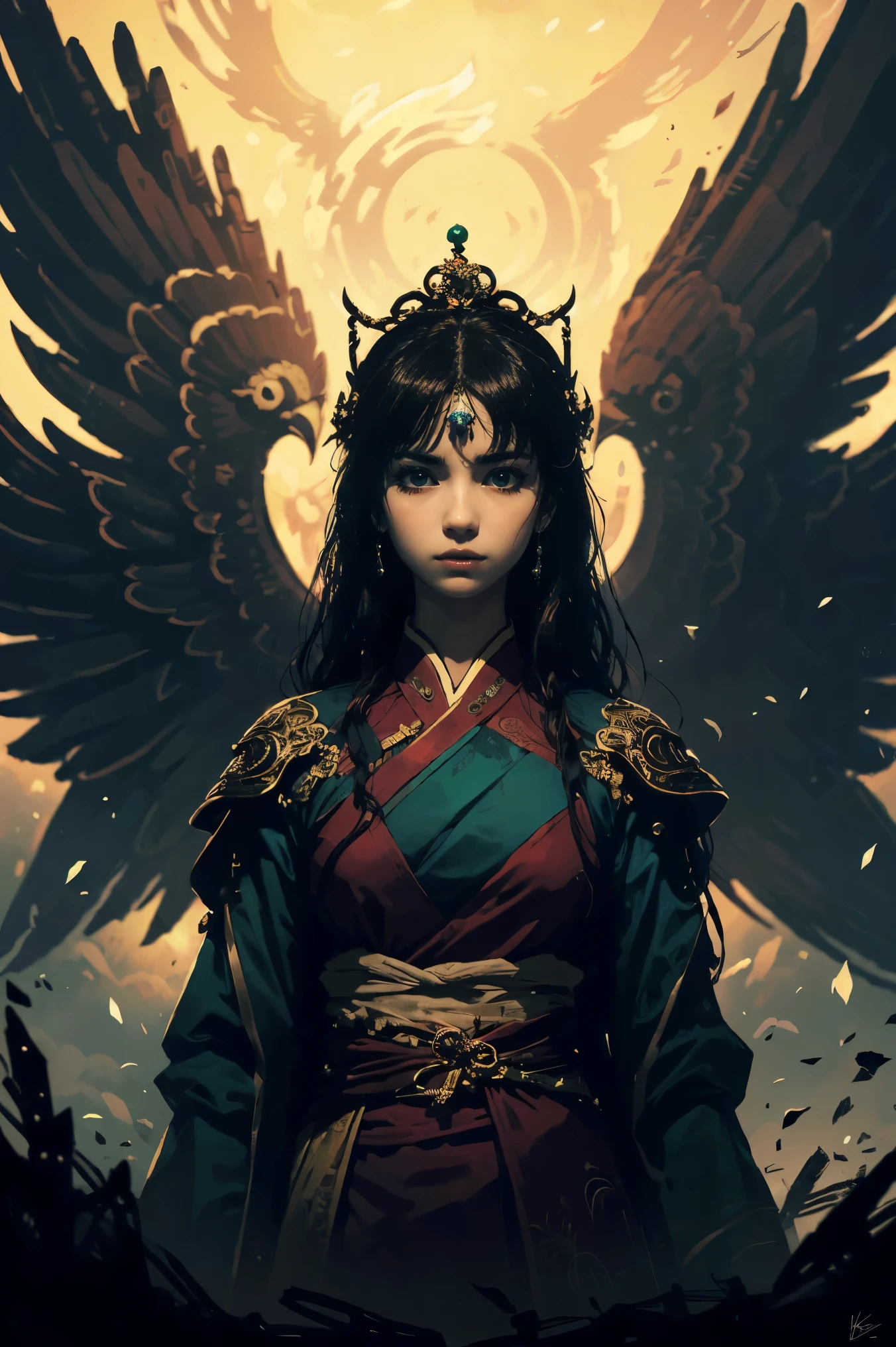 (bust up), a beautiful woman with modern facial features, K-beauty style face, soft skin, large expressive eyes, delicate nose and lips, gentle expression, wearing an ancient Chinese imperial hanfu, ornate crown and jade earrings, traditional colors and silk textures, cinematic lighting, warm golden tones, a soft blurred phoenix glowing in the sky behind her, dramatic movie poster composition, masterpiece, ultra-detailed, 8k