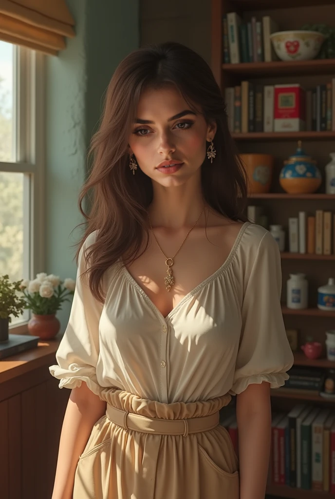 pretty white-skinned woman, 27 years old with shoulder-length shiny curly dark hair, wavy to curly hair, ((short pleated skirt)), medium thighs (best quality: 1.5) (white blouse),(( small bust), sitting in a brown armchair, beautiful brown eyes, left profile, beautiful medium face, very sensual view of the viewer