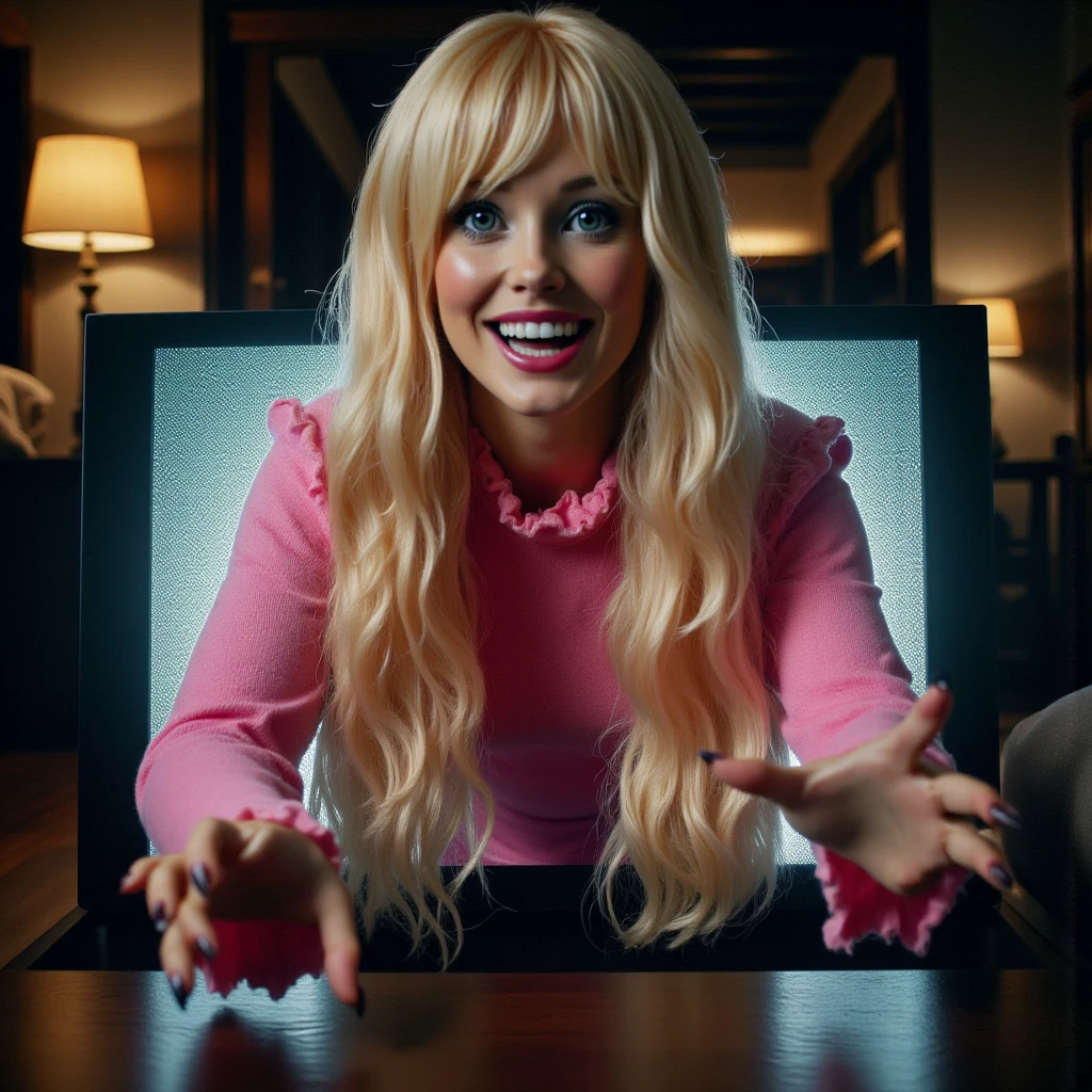 High quality, 8K Ultra HD, ((realistic photo)), frontal shot, (((low angle: 1.1))), (master piece: 1.3), (((((Barbie (((crawling out of the screen))): 1.4))))), (((creepy wide smile, long wet blond hair))), (((dressed in tight pink mini dress: 1.3))), ((wet clothes: 1.1)), eye bags, background: blurry scary bedroom