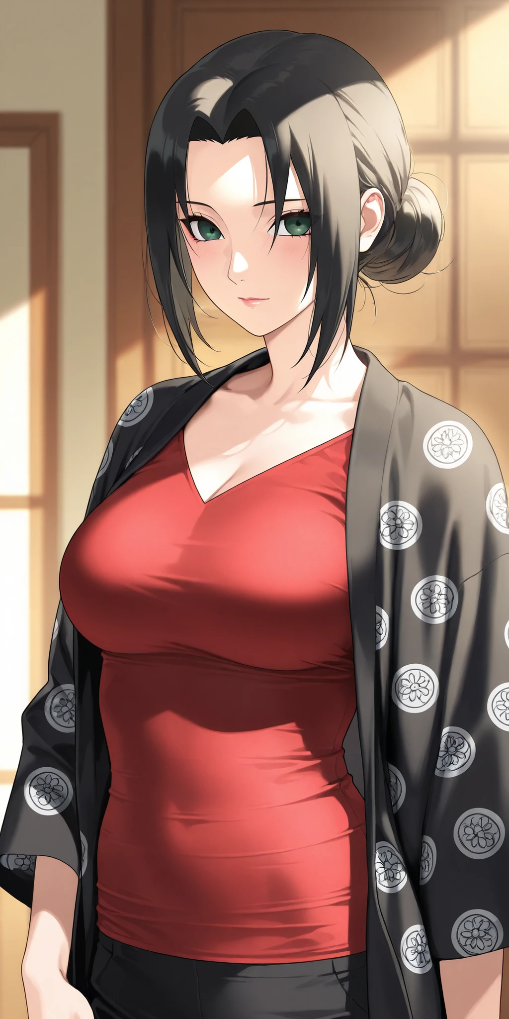 Uchiha itachi, mature female, housewife, yellow hair, hair bun, slightly disheveled, slight wavy hair, top over size tshirt,top horizontal line printed pattern design,pant shirt Covered, soft light, high detailed, best quality, upper body, side view.front view, black colour costume,breast, attractive, half body, looking to viewer, green eyes, un dress for court in transparent, printed pattern using costume attractive design and royal looks, background light red dress transparent open costume sunlight reflection tight.