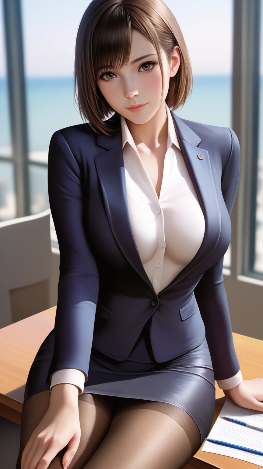 (extremely details CG, Unity, 8K Wallpaper extremely delicate and beautiful), (​masterpiece), (top-quality:1.0), (超A high resolution:1.0), ((perfect proportion shot:1.0)), beautiful vibrant lighting, realistic shadow, [high resolution], pretty face, slanted eyes, blue contact lens, sharp angled brow, 31 years old, arrogant expression, ((light brown hair)), ((short hair)), (((medium breasts size))), plumpy body shape, office, office stuff, dynamic angle, bright purple suit, ((outer formal office suit)), opened suit, ((short skirt)), cleavage, office desk, ((waist up shot)))