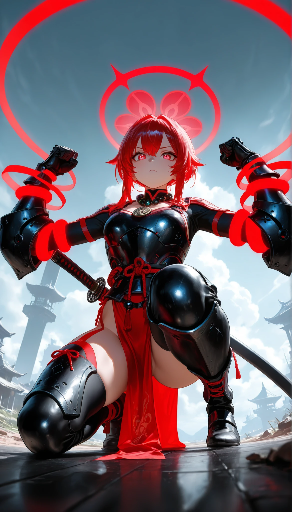 HDR-10, 8K, masterpiece, better quality, amazing quality, very aesthetic,newer, landscape,1 girl,(crouched),pelvic curtain necklace,Futuristic armor,(of the katanas),from below, samurai aesthetic with advanced technology, Futuristic combat armor white with red details,crouched,(katana dual),(M-shaped arms and katanas),super offensive position, crouched con una rodilla casi tocando el suelo,(1 knee on the floor)