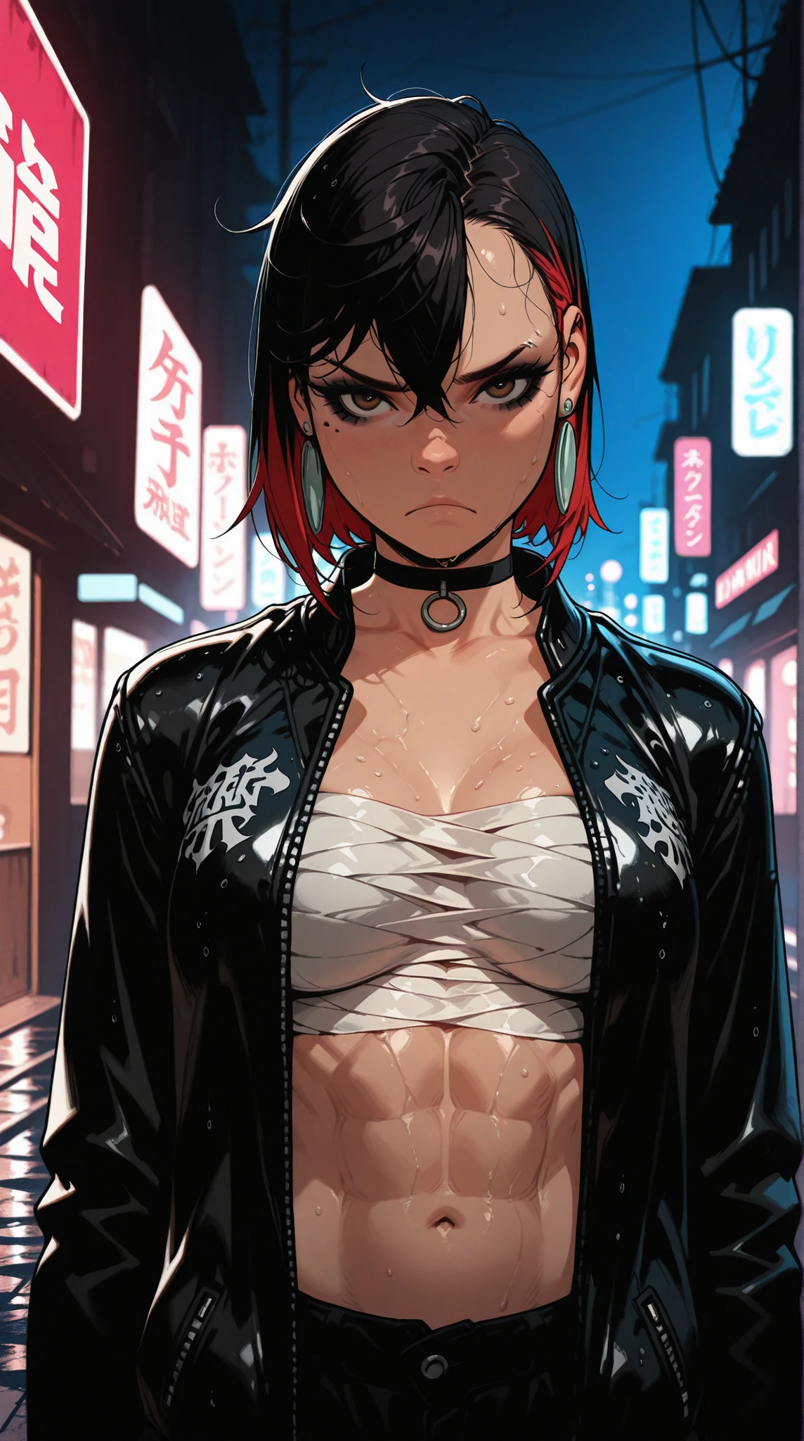 HDR, 8K, high contrast, masterpiece, best quality, amazing quality, very aesthetic, realistic, newest, volumetric lighting, (flat colors:0.7), (incase:0.3), (tsuaii:0.3),Sinozick_illu, masterpiece, best quality, amazing quality, very aesthetic, newest, hyper-detailed, realistic, solo, 1girl, momo ayase (dandadan), short hair, hair between eyes, asymmetrical bangs, brown eyes, earrings, black choker, tomboy, punk, two-tone hair, short hair, black hair, red hair, black eyeshadow, thick eyelashes, frown, medium breasts, chest sarashi, leather jacket, open jacket, navel, wet, abs, looking at viewer, raining, street background, night, depth of field, highres