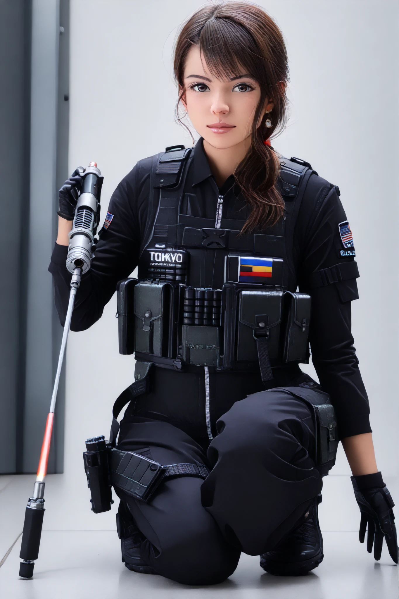 (masterpiece,high quality,mirror-like, Movie Experience , Very detailed ,),【8k,wallpaper,,(Best Illustration),( a woman)( Shell mobile style worldview:2.0),(Black tactical jumpsuit:2.0),(Heavy Black Bulletproof Vest:2.0),(Black Gloves:2.0),hold the fire,(Beautiful eyes),(Fine Face ),(Detailed drawing of female hands:2.0),(sexy:2.0),(Kneel down and aim the rifle),(raise right knee:2.0),(The background is Tokyo, A place of technological development .:2.0),(There's a laser scren front,(pointing the red laser pointer out