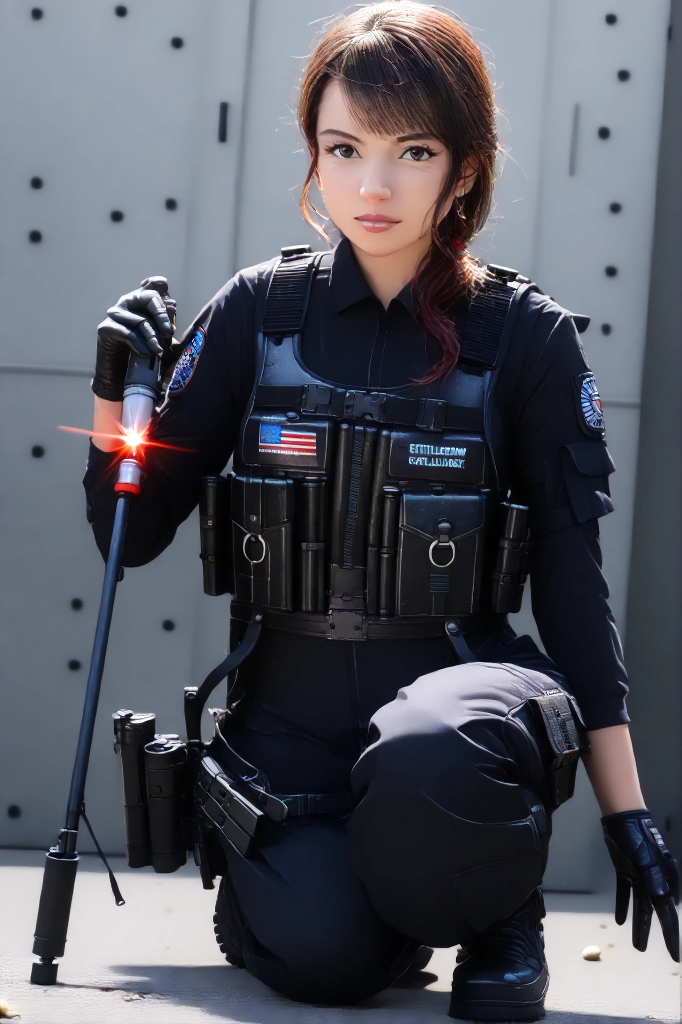 (masterpiece,high quality,mirror-like, Movie Experience , Very detailed ,),【8k,wallpaper,,(Best Illustration),( a woman)( Shell mobile style worldview:2.0),(Black tactical jumpsuit:2.0),(Heavy Black Bulletproof Vest:2.0),(Black Gloves:2.0),hold the fire,(Beautiful eyes),(Fine Face ),(Detailed drawing of female hands:2.0),(sexy:2.0),(Kneel down and aim the rifle),(raise right knee:2.0),(The background is Tokyo, A place of technological development .:2.0),(There's a laser scren front,(pointing the red laser pointer out
