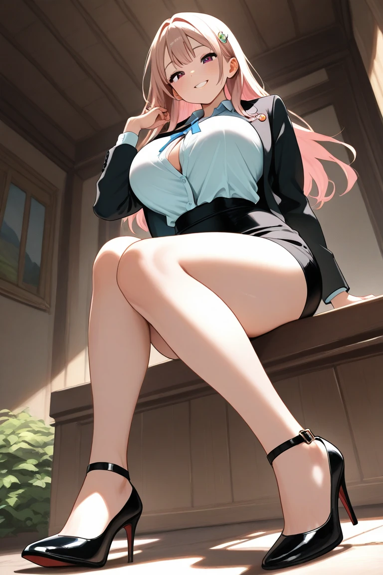2d, masterpiece, best quality, anime, highly detailed, 1girl, solo, monika, green eyes, very long hair, ponytail, school uniform, straight-on, smile, (full body:1.5), giantess, smile, (from below:1.5), thick thighs, looking down at viewer, upskirt, (large breasts:1.3), field, (looming:1.3), mature female, high quality, hd quality, masterpiece, photorealistic, (presenting foot, shoe soles, close-up foot:1.3), intense angle, :d, (Sitting on Building:1.6), very low angle, female pervert, toragao, (sitting:1.5), (white undershirt, orange sweater:1.2), (brown jacket:1.4), (absolute territory, black thighhighs:1.4), (uwabaki:1.5), full body in frame, (GTSCity, buildings, city:1.3), blue skirt, (hand on building:2), (one hand at side:1.6), (licking lips, licking own lips:1.1), (sweat:1.2), anime girl sitting on a building with her legs crossed, hyperrealistic schoolgirl, realistic schoolgirl, a hyperrealistic schoolgirl, seductive anime girl, smooth anime cg art, thighs close up, thighs!!!, beautiful anime girl squatting, commission for high res, large thighs, extremely detailed artgerm, sitting on a building, on a building,