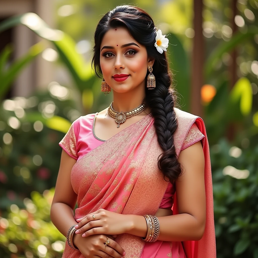 Elegant gorgeous Indian woman in 30s draped in a vibrant, Traditional lace satin silk saree with pink, beige color pattern, wearing red bindi, long Hair Braid on right side flower in hair, rich borders, Pleated cap Sleeve silk blouse, with fragrant jasmine flowers, look ultra realistic human wearing bangle large gold Ethnic Style Jhumka Earrings and necklace, curvy, busty, hourglass figure, swooping breasts, red lips, living room, chubby arms, straight pose full body view, 36 size breasts size and 36 size hot rounded ass, standing outdoors in a garden with soft sunlight , realistic style , high detail , warm tones , glossy silk texture , focus on eyes look ultra realistic human cinematic lighting