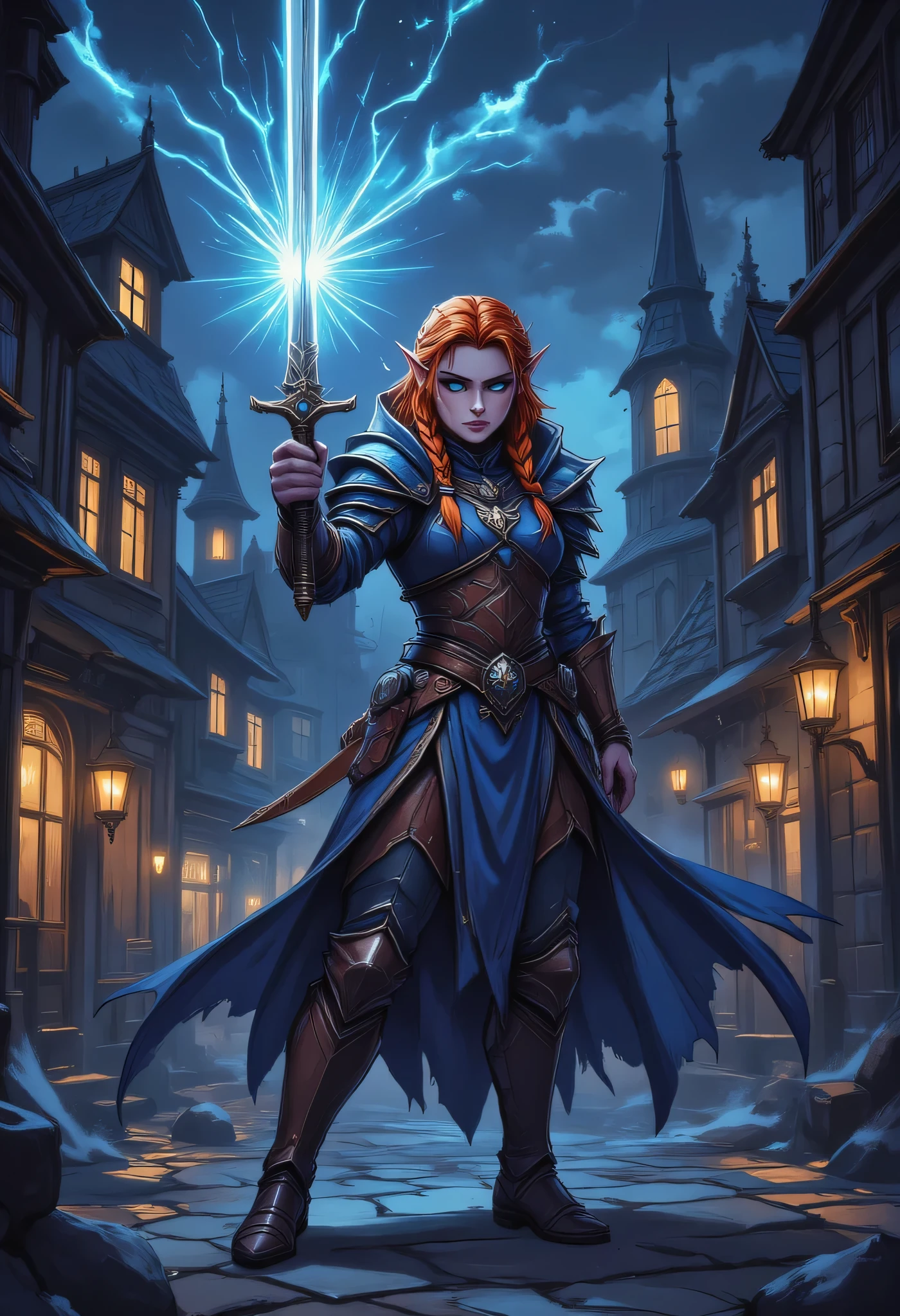 a picture of a female elf, fantasy swashbuckler, fantasy fencer, armed with a slim sword, shinning sword, magical sword, metallic shine, colorful clothes, full body, epic beautiful female elf, red hair, braided hair, small pointed ears, wearing  blue cloak, long cloak, wearing elven leather armor, sense of daring, sense of adventure fantasy street, high details, best quality, 16k, [ultra detailed], masterpiece, best quality, (extremely detailed), dynamic angle, ultra wide shot, photorealistic, RAW, fantasy art, realistic art,((best quality)), ((masterpiece)), (detailed), perfect face, fantasy, Digital painting style, brushstrokes