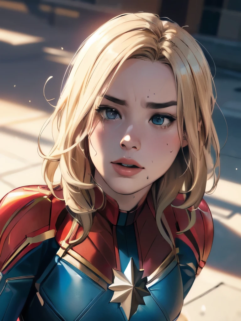 (masterpiece:1.3), (8k, realistic, RAW photo, top quality: 1.4), absurd, charm, super high resolution , Super Real, very well detailed, golden ratio, (realistic), (best shadows), low contrast, (complicated:1.4), Side Lighting, 8k, beautiful face, (realistic Face), Beautiful Hairstyle, realistic eyes, beautiful details, (realistic Skin), beautiful skin, (one girl), ((Brie Larson, Captain Marvel)), (accurate depiction of a hand and finger kneeling on a rock), (blonde long hair:1.3), ((open your mouth)), (surprised expression:1.1), (flashing), (sweat), nsfw ((stare at the penis)), ((penis pressed against her cheek)), break ((2 boys, 2 realistic thick penis:1.1))