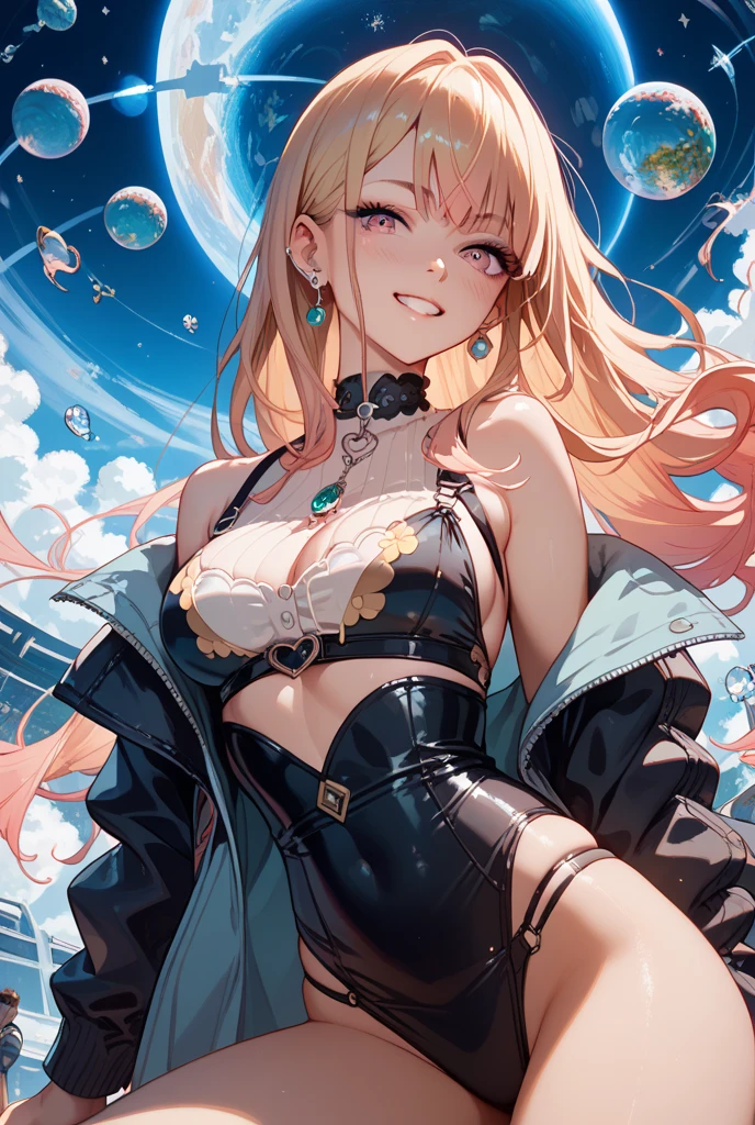 最high quality、best image quality、master piece、girl vs.((18-year-old、Love of the Universe、vest bust、bust 85、blonde、ponytail、,beautiful bluish eyes、open your chest wide、Diamond earrings in the ears、mechanical headphones,Embrace your audience))high quality、visual art、With background((outer space))、depth((Black Hole)),Sexy Dress Up,cropped shoulders(Has tattoos),show your stomach(Has tattoos),naked thighs(Has tattoos),Between open strands,sexual big breasts cleavage,implicit,attraction,lotion,Adult Theme