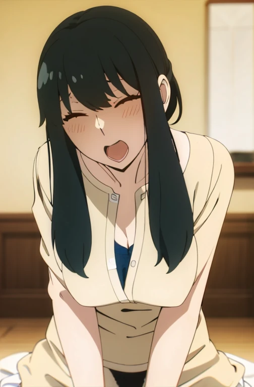 masterpiece, best quality, highres,
(anime:1.4), (beautiful detailed eyes),
1girl,solo,
BREAK <lyco:山田杏奈yamada:0.8>,yamada,bangs, neck mole,large_breasts,
long_sleeves, school_uniform, jacket, white_shirt, pleated_skirt, open_clothes, collared_shirt, open_jacket, Navyblue_skirt, arm_support, blazer,
BREAK Pose to show armpits by raising both hands,
BREAK amrs behind back, clenched fist right hand,empty-handed,
(wariza:1.3),sitting,
(kiss face,kissing, closed eyes), cute embarrassing, standing, face only, looking at viewer, (from above), (Looking from above),
mastrubation, orgasm,blush,
embarrassed,full lips,
full body,
looking at viewer,
bedroom,indoors,
<lyco:手GoodHands-beta2:1.0>