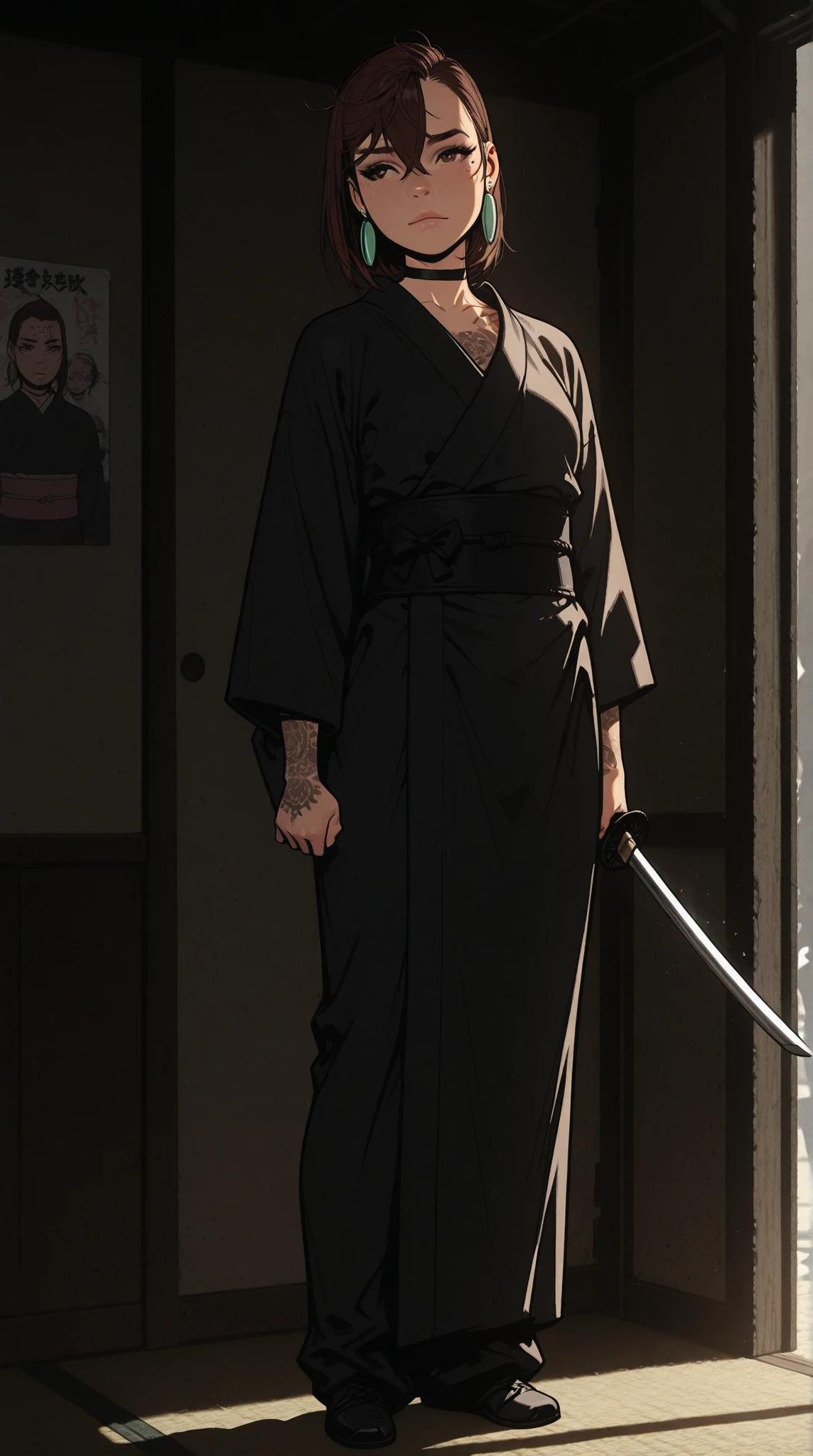 HDR, 8K, high contrast, masterpiece, best quality, amazing quality, very aesthetic, realistic, newest, volumetric lighting, (flat colors:0.7), (incase:0.3), (tsuaii:0.3),Sinozick_illu, momo ayase (dandadan), brown hair, short hair, hair between eyes, asymmetrical bangs, brown eyes, earrings, black choker, A beautiful ninja holding a Japanese sword、Action • 、 Read more、 Japanese kimono、 perfect face、 Masterpiece, anatomically accurate, top quality, textured skin, full body tattoos /Japanese carving/、 movie light effects, Animation Screenshot