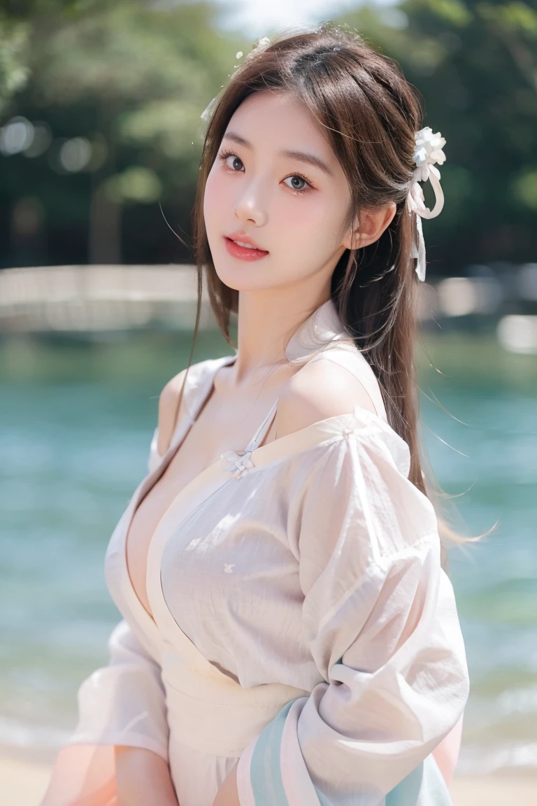 half body photo, fashion model 20 years old [[[close-up cleavage]]]], off shoulders, biggest tits, erect nipples, blue eyes, perfect iris，perfect lips，perfect teeth，Perfect skin，long face，Soft headlight，high dynamic range，movie girl,short white hair，The clothing is hanfu costume，Ethnic costumes，Background with rose flowers，（pastel colors：1.2）