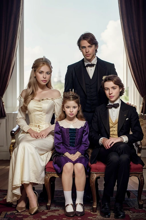 3 Russian children boys with 10 years old, WITH LONG STRAIGHT HAIR blonde, PORTRAIT STYLE, sitting on a burning red sofa, promotional image, promotional image, photoshoot, promotional art, key art,- Joy vampire queen, by david rubín, netflix, lucifer the star, portrait shot, still, promotional, merge, promotional image of the film, portrait anya taylor-joy, charli bowater and artgeem